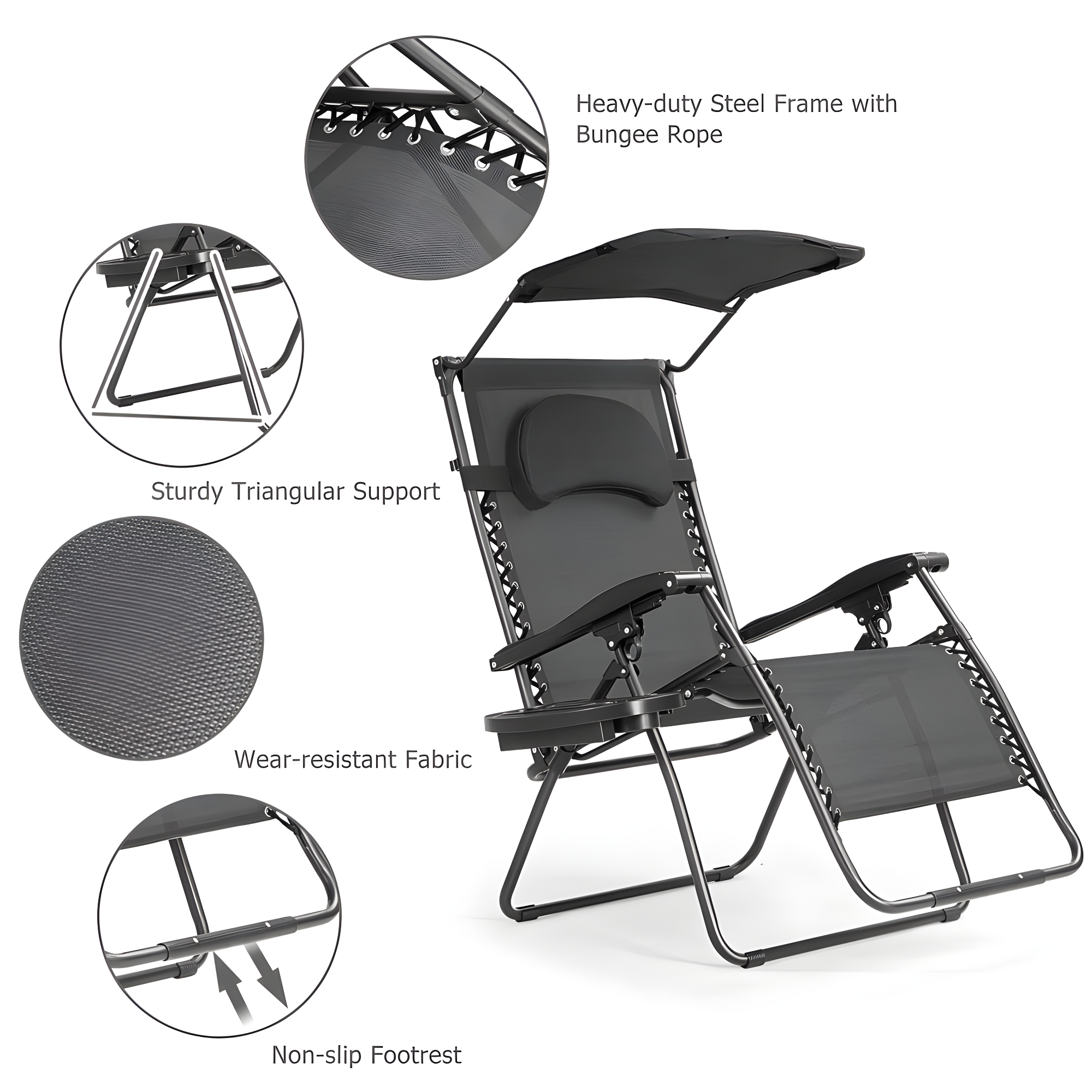 Arlmont & Co. Outdoor Folding Recliner Lounge Chair with Shade Canopy And Cup Holder