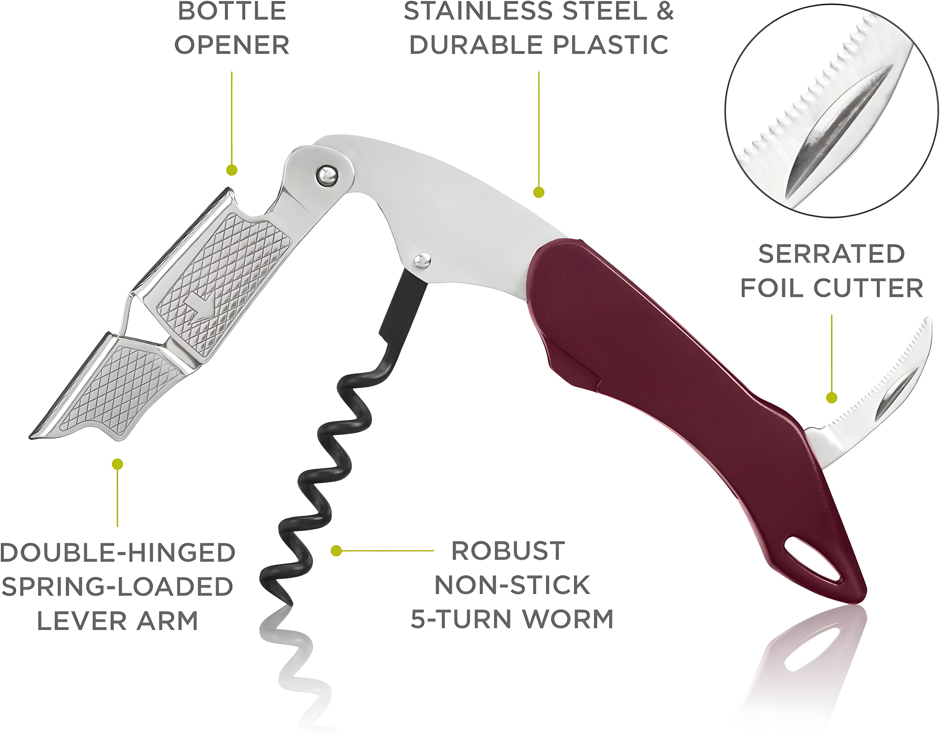 True Sommelier Waiter’s Corkscrew, Burgundy Stainless Steel Spring Loaded Wine Key