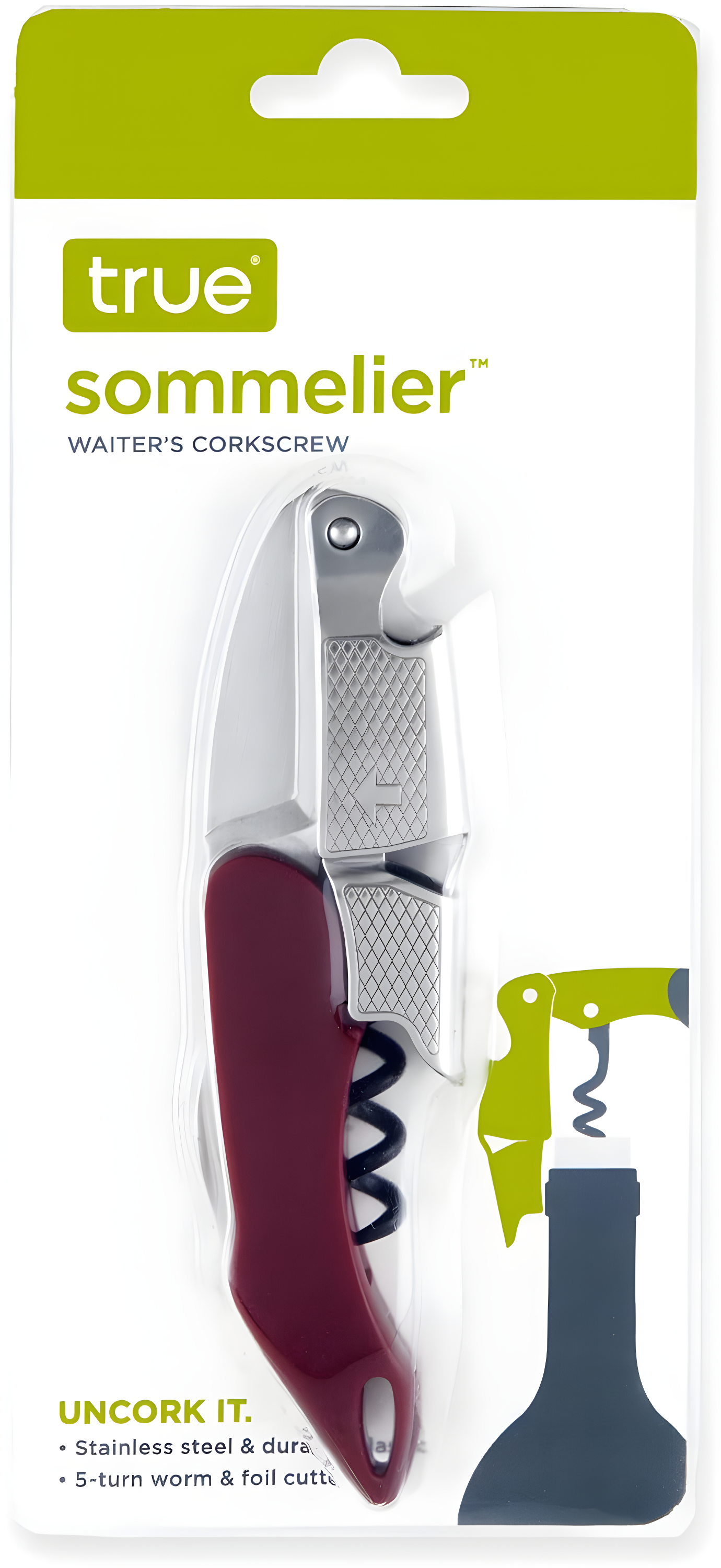 True Sommelier Waiter’s Corkscrew, Burgundy Stainless Steel Spring Loaded Wine Key