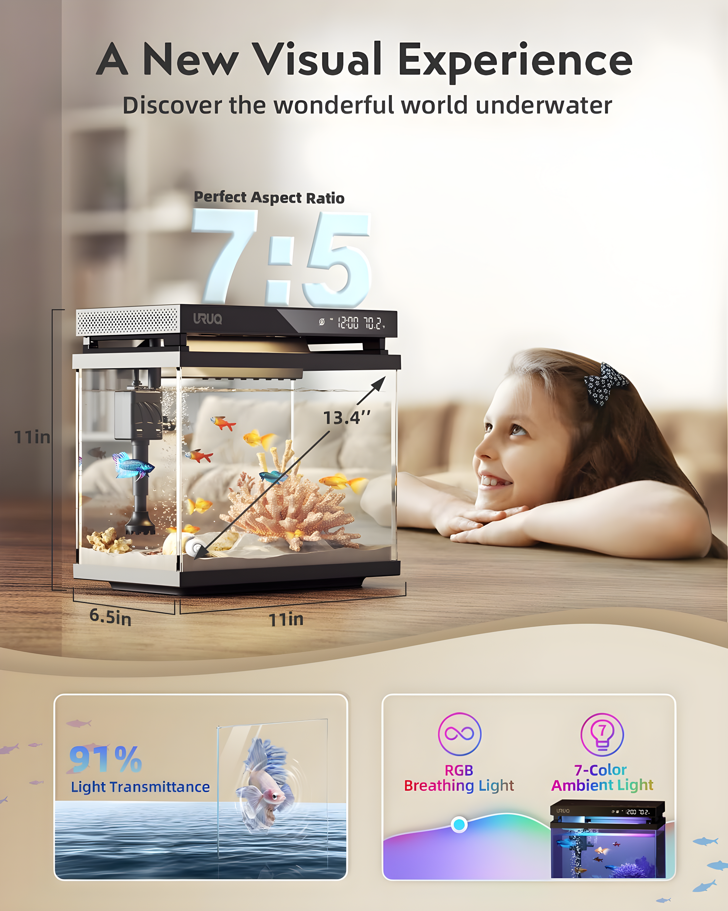 Latitude Run® Fish Tank Smart Aquarium Kit: 2 Gallon UHD Glass Silent Water Pump Self Cleaning Multi Layer Filtration System - Temperature Sensing 7-Color Lighting For Small Fish Betta Kids Room Desktop Decor