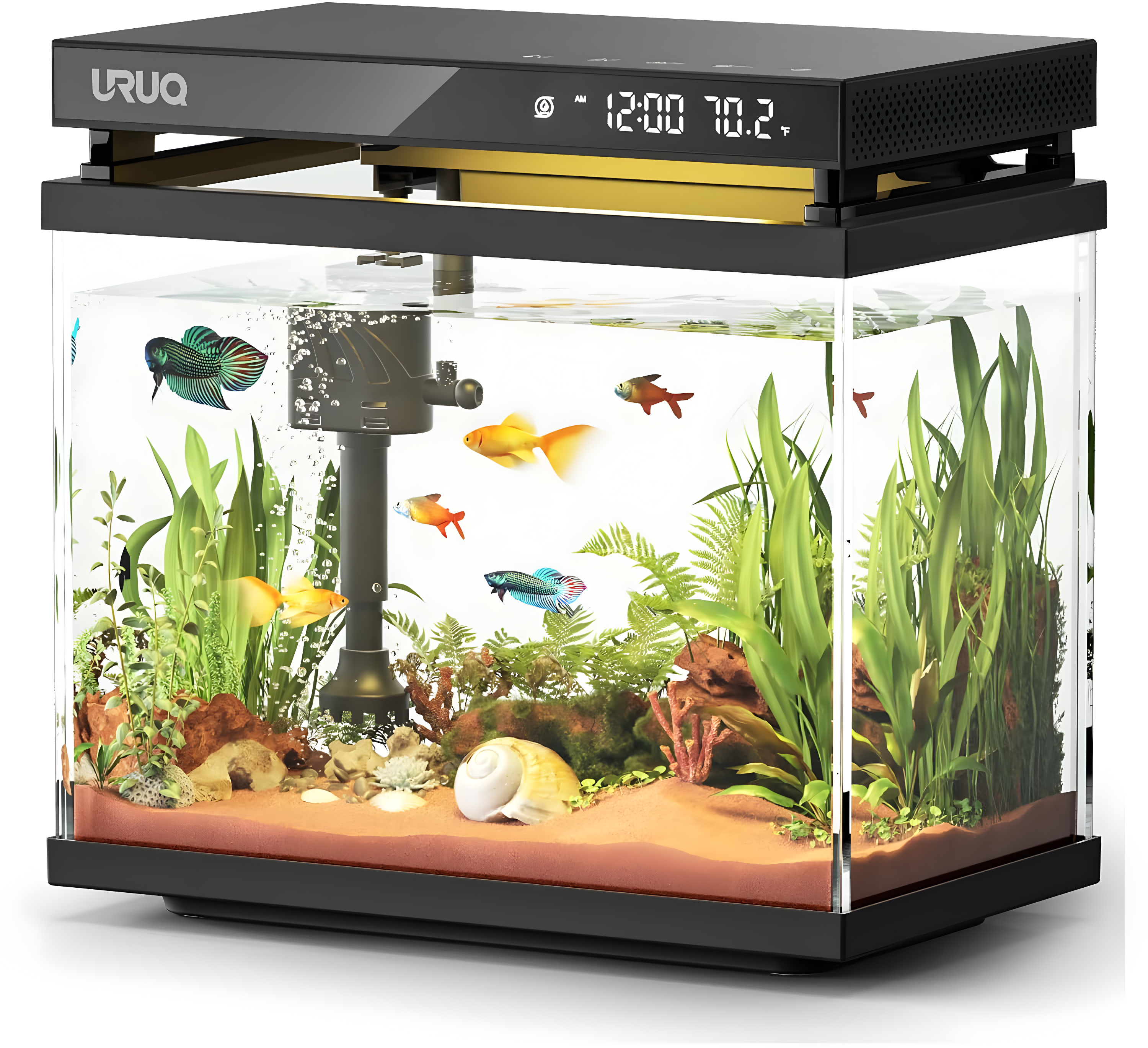 Latitude Run® Fish Tank Smart Aquarium Kit: 2 Gallon UHD Glass Silent Water Pump Self Cleaning Multi Layer Filtration System - Temperature Sensing 7-Color Lighting For Small Fish Betta Kids Room Desktop Decor