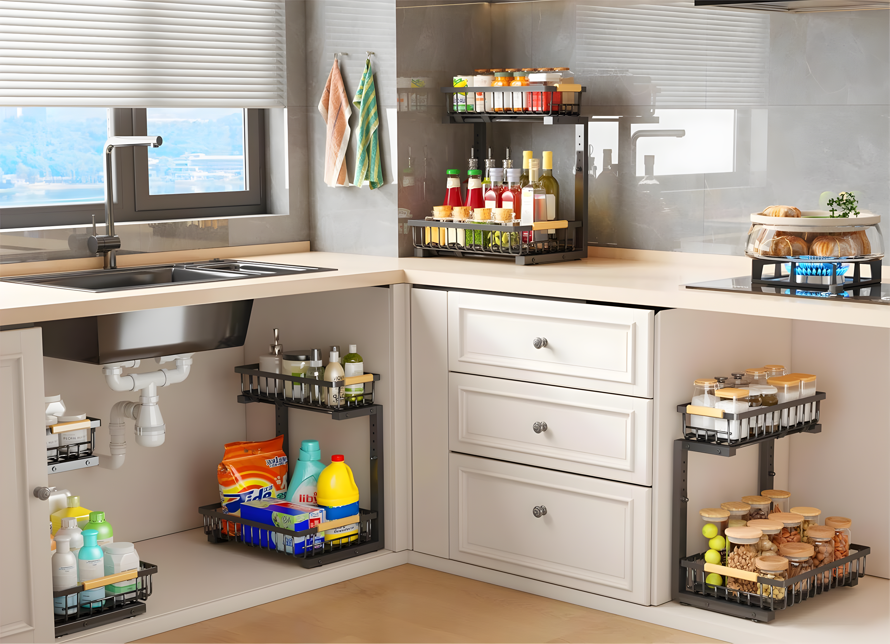 Rebrilliant Under Sink Organizer, 2 Tier Under Sink Organizers And Storage, Metal Slide Out Pull Out Cabinet Organizer ,2 Pack Sliding Drawer Organizer For Kitchen Bathroom Pantry