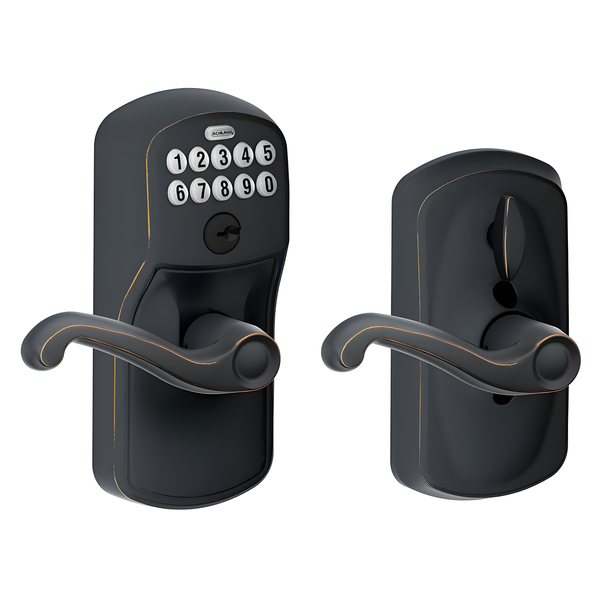 SCHLAGE FE595 PLY 716 FLA Plymouth Keypad Entry with Flex-Lock and Flair Style Levers, Aged Bronze