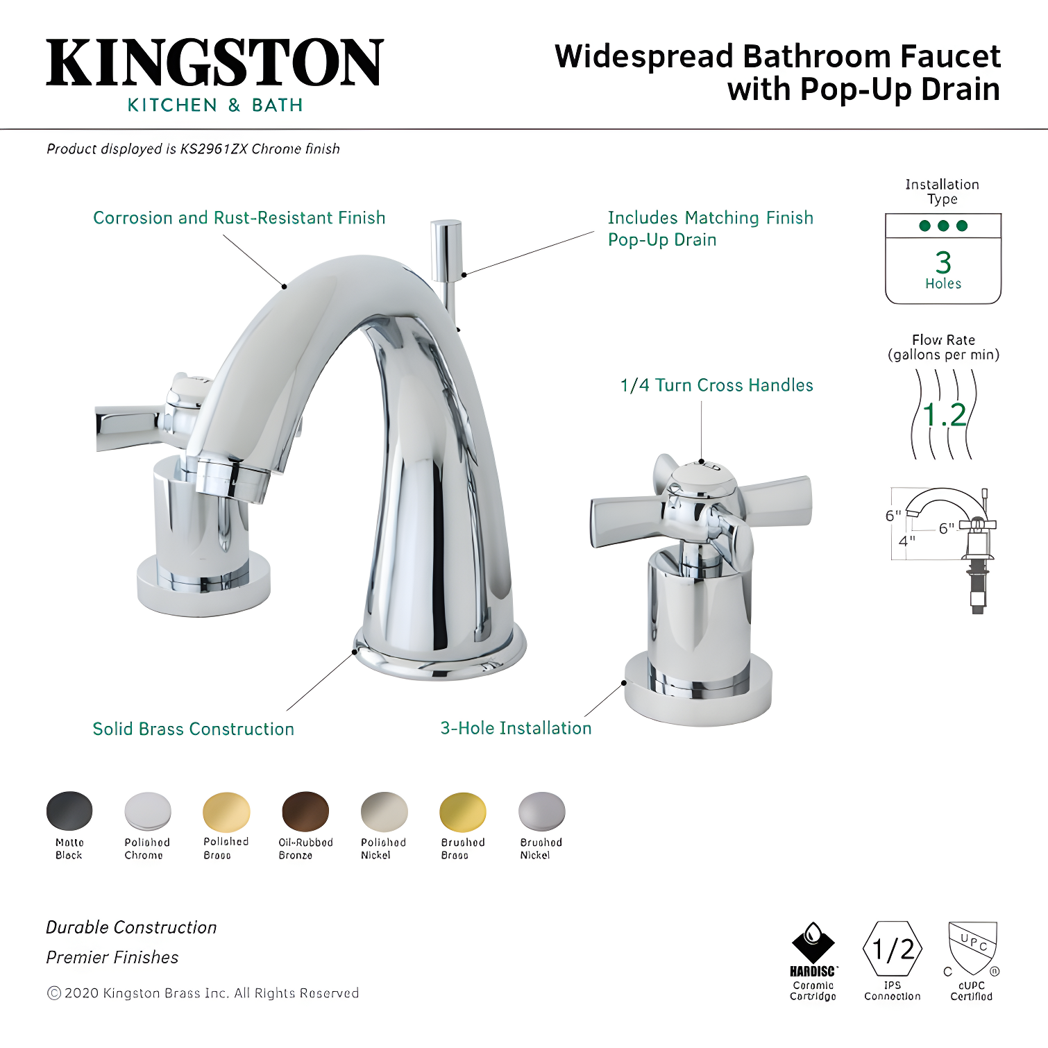 Kingston Brass Millennium Two-Handle 3-Hole Deck Mount Widespread Bathroom Faucet with Brass Pop-Up Drain