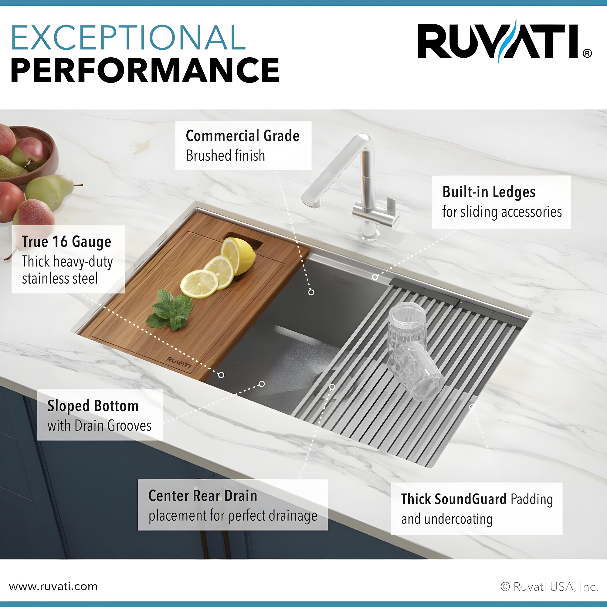 Ruvati RVH8303 Ruvati Workstation Undermount 16 Gauge Stainless Steel Kitchen Sink Single Bowl