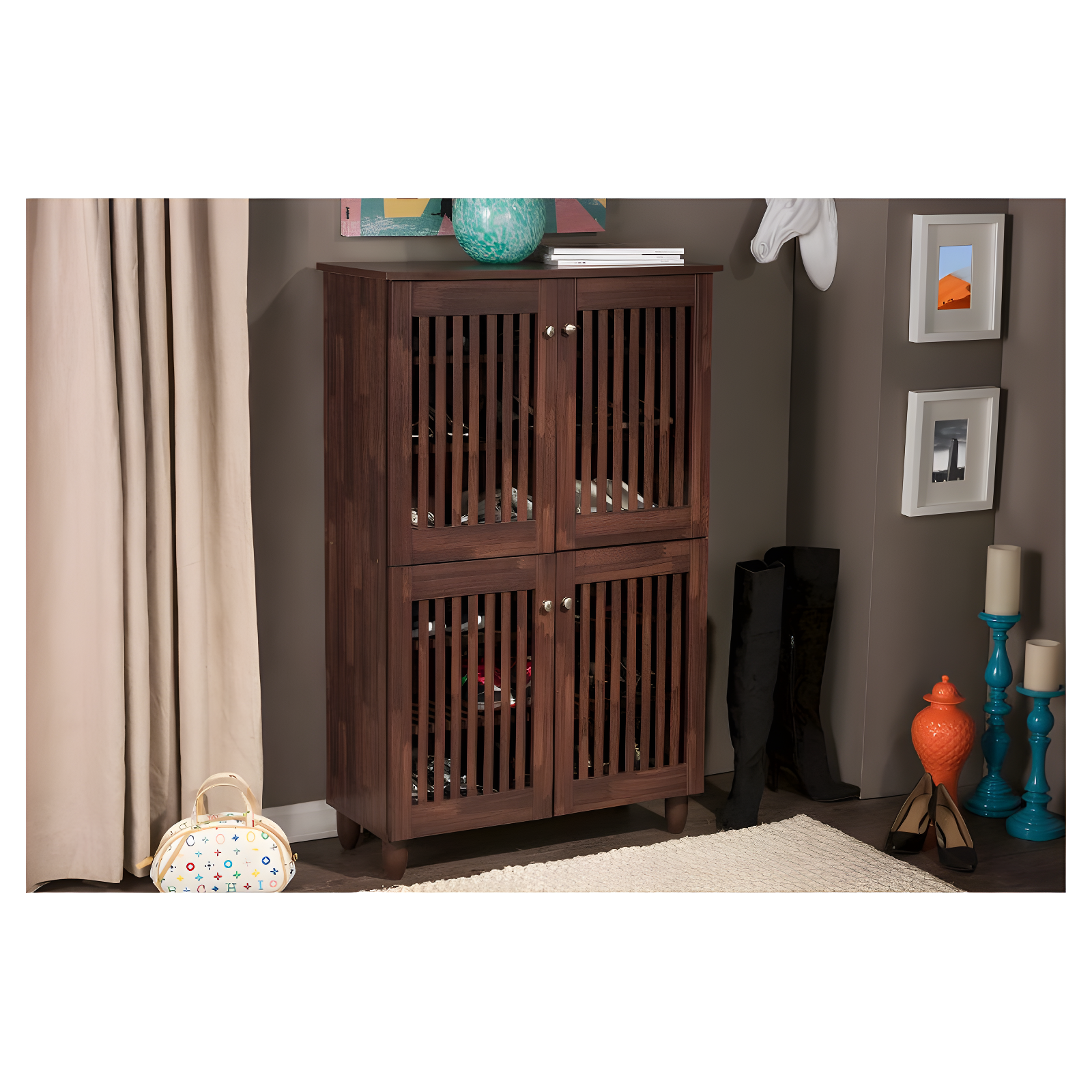 Baxton Studio Fernanda Modern and Contemporary 4-Door Wooden Entryway Shoes Storage Tall Cabinet - Oak Brown: Fixed Shelves, Mahogany Frame