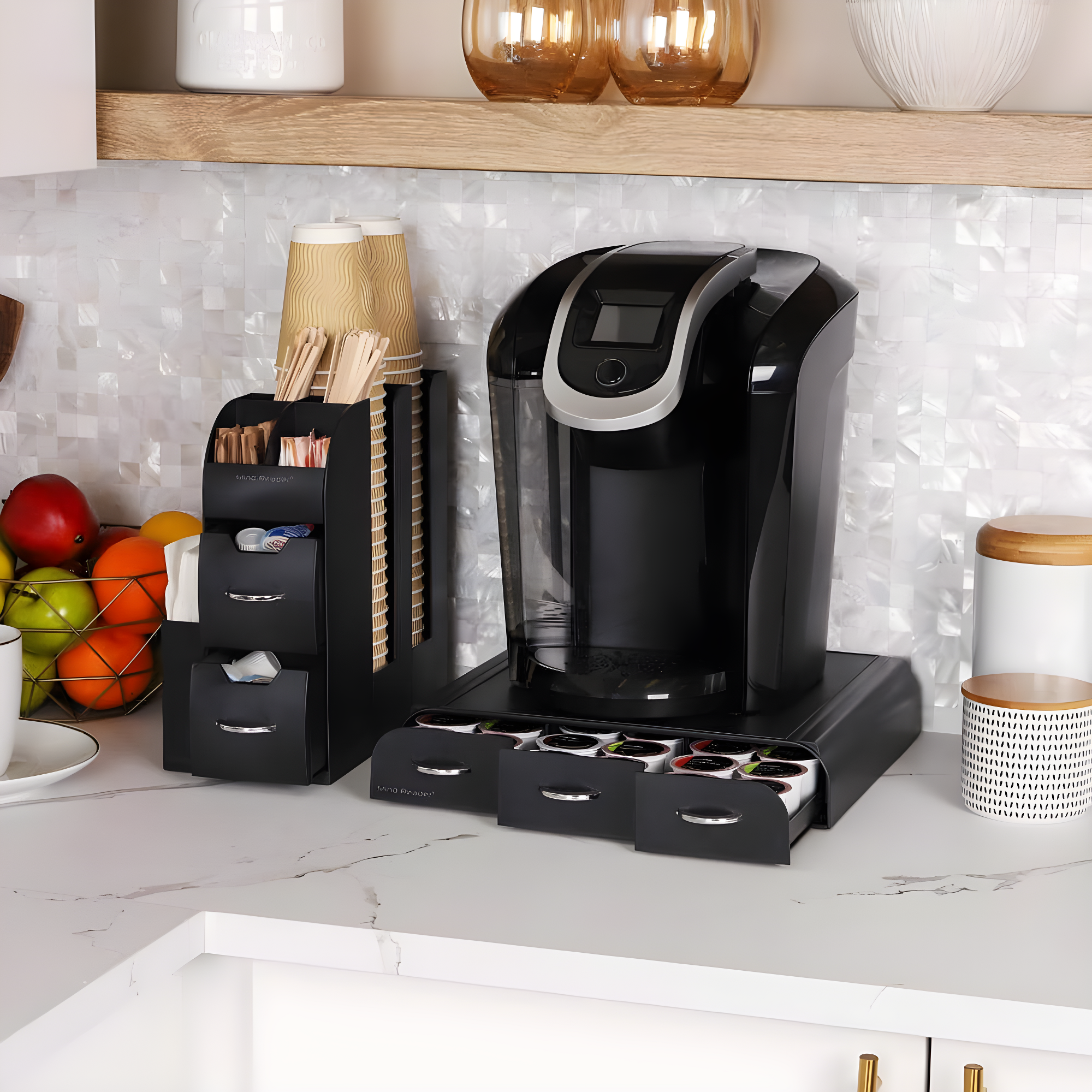 Mind Reader Single Serve Coffee Pod Drawer and Cup Condiment Set, 2 Pcs., 36 Pod Capacity, 5.35"L x 11.25"W x 11.15"H