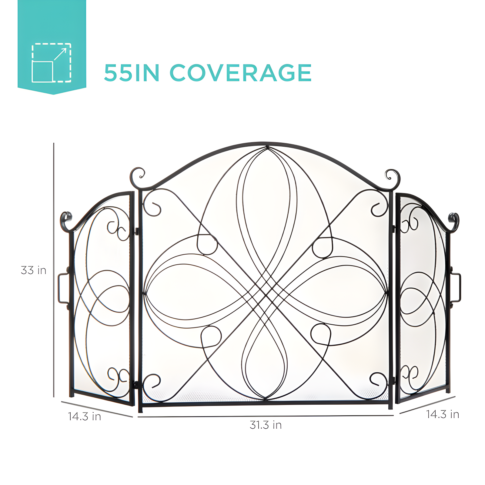 Winston Porter Lissowski 3-Panel 55"x33" Wrought Iron Fireplace Safety Screen Decorative Scroll Spark Guard Cover