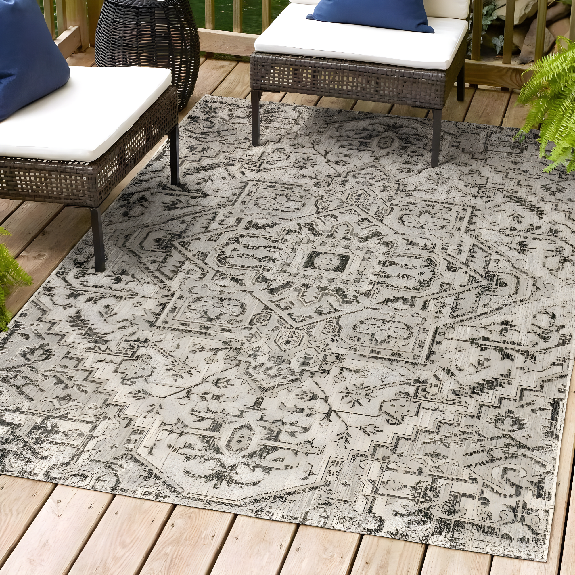 3'x5' Estrella Bohemian Medallion Textured Weave Indoor/Outdoor Area Rug, Black/Gray - JONATHAN Y