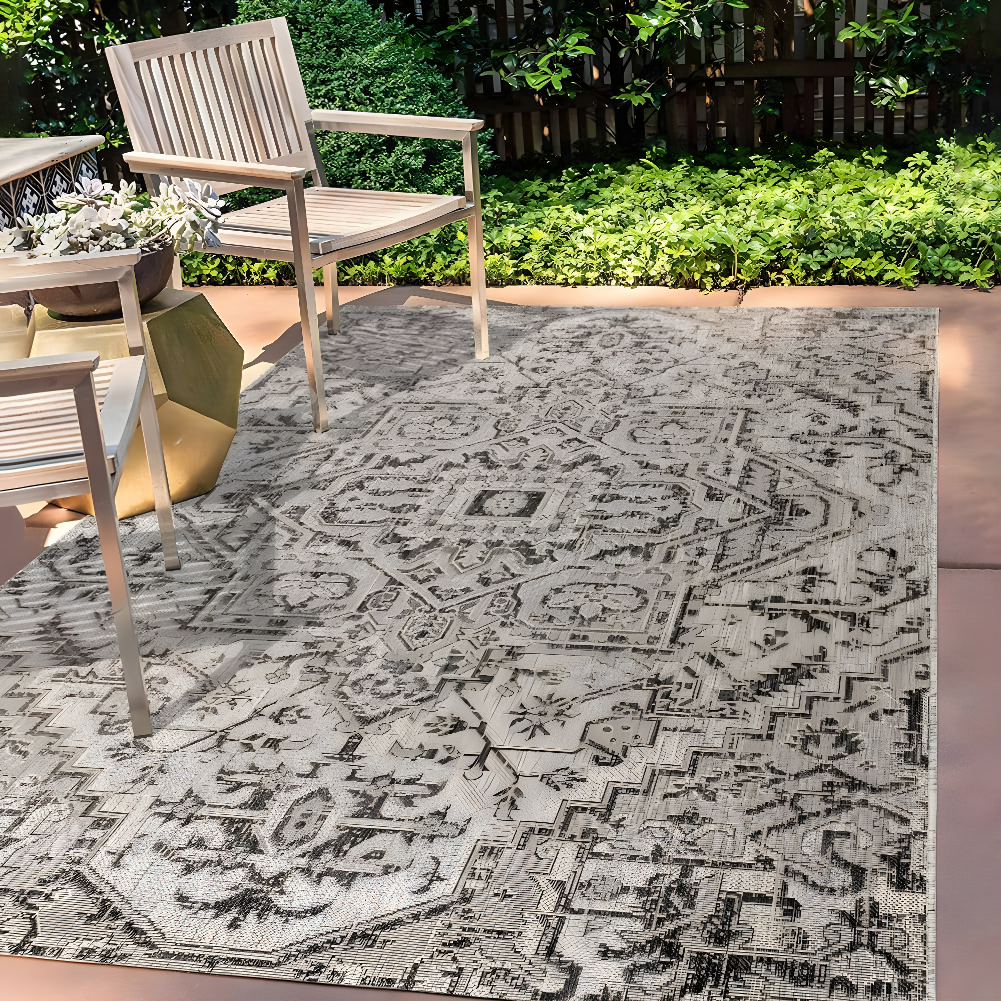 3'x5' Estrella Bohemian Medallion Textured Weave Indoor/Outdoor Area Rug, Black/Gray - JONATHAN Y