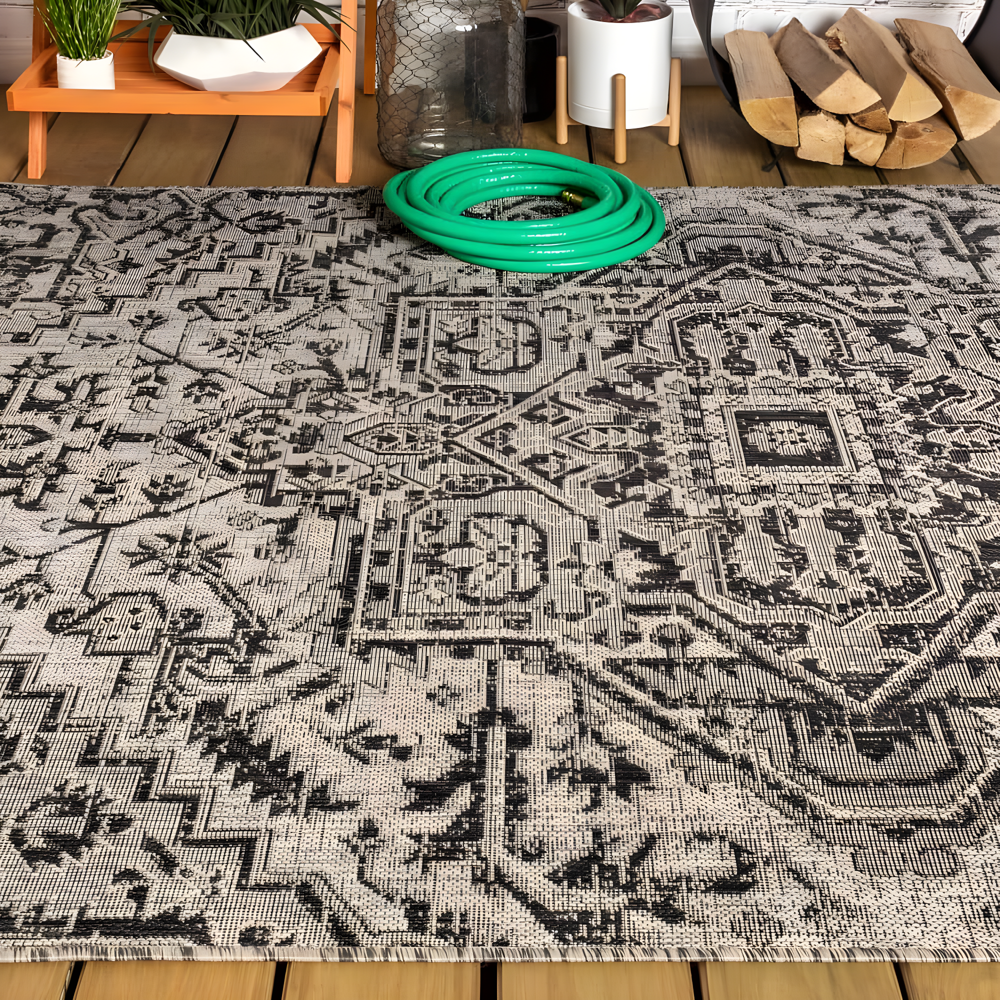 3'x5' Estrella Bohemian Medallion Textured Weave Indoor/Outdoor Area Rug, Black/Gray - JONATHAN Y