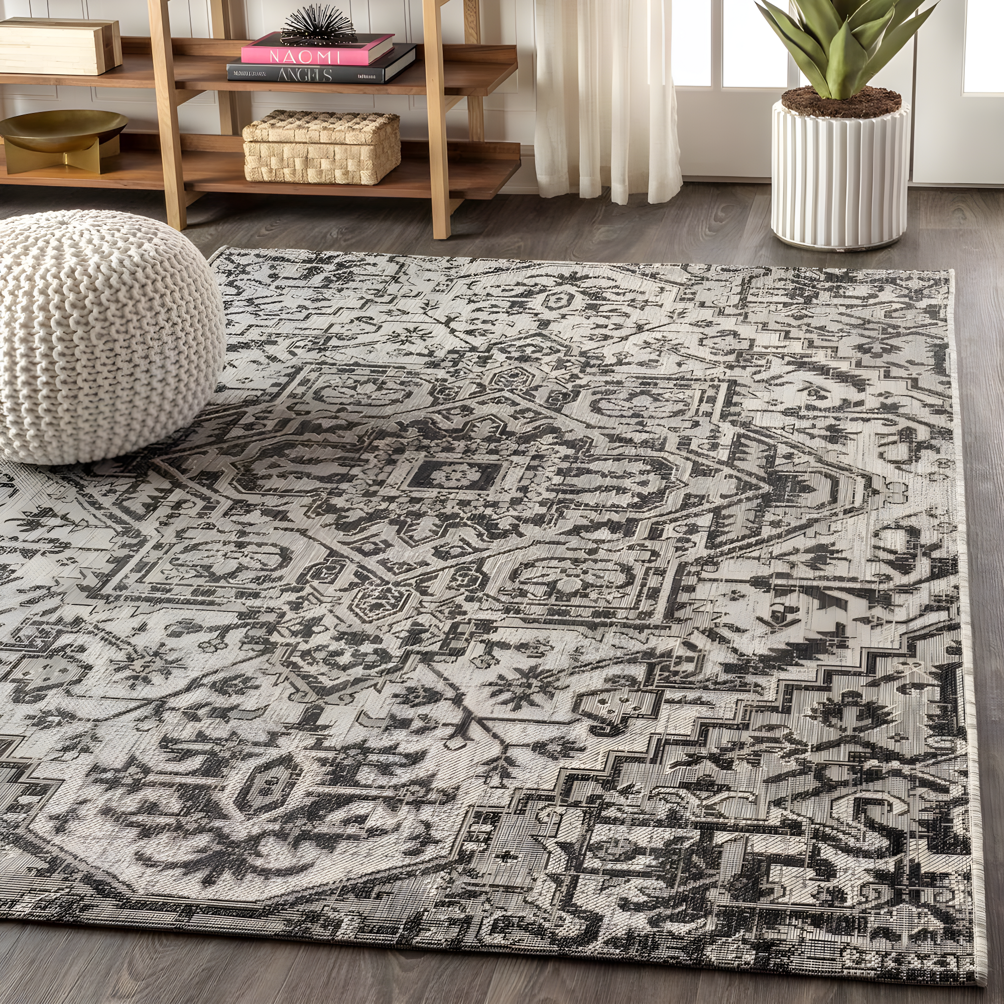 3'x5' Estrella Bohemian Medallion Textured Weave Indoor/Outdoor Area Rug, Black/Gray - JONATHAN Y