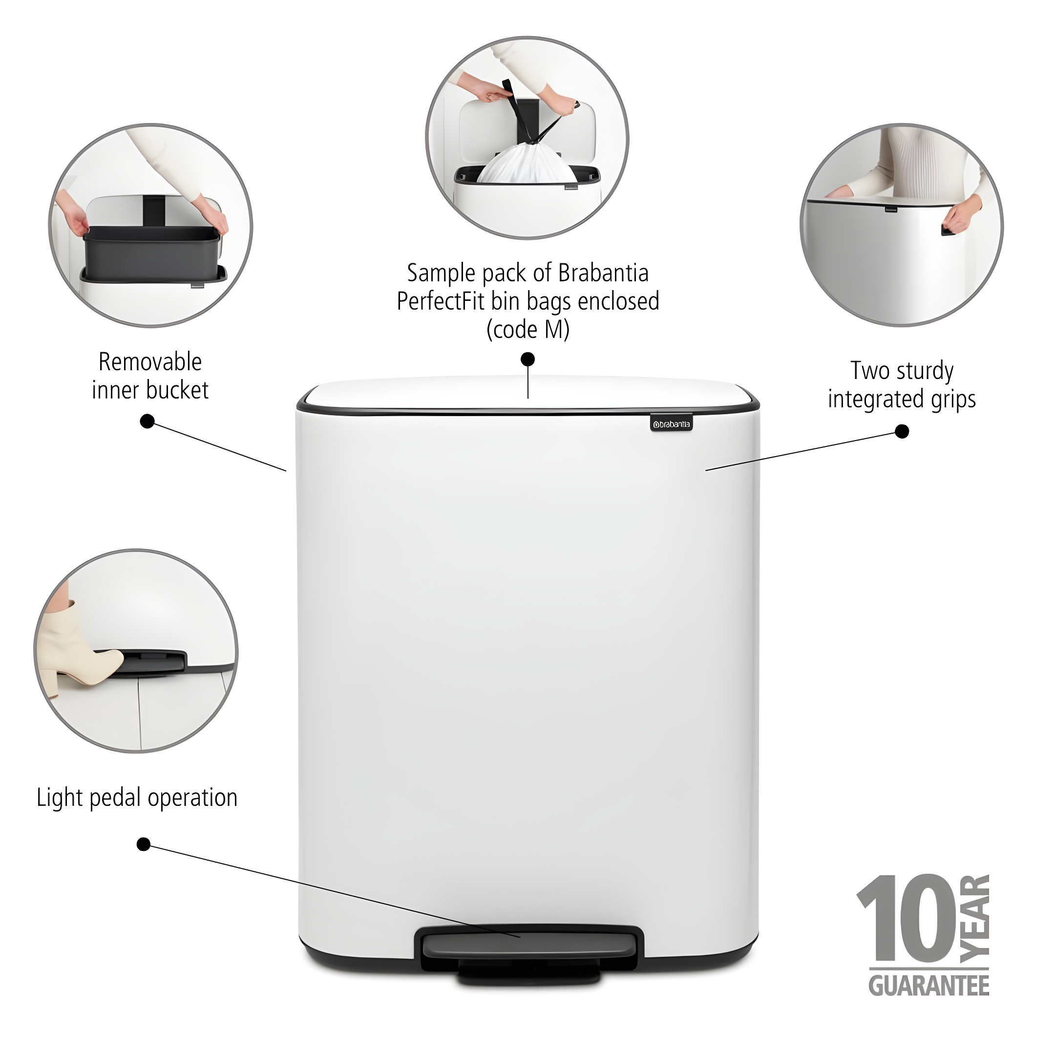 Brabantia Bo Step On Trash Can, White, 16 Gallon