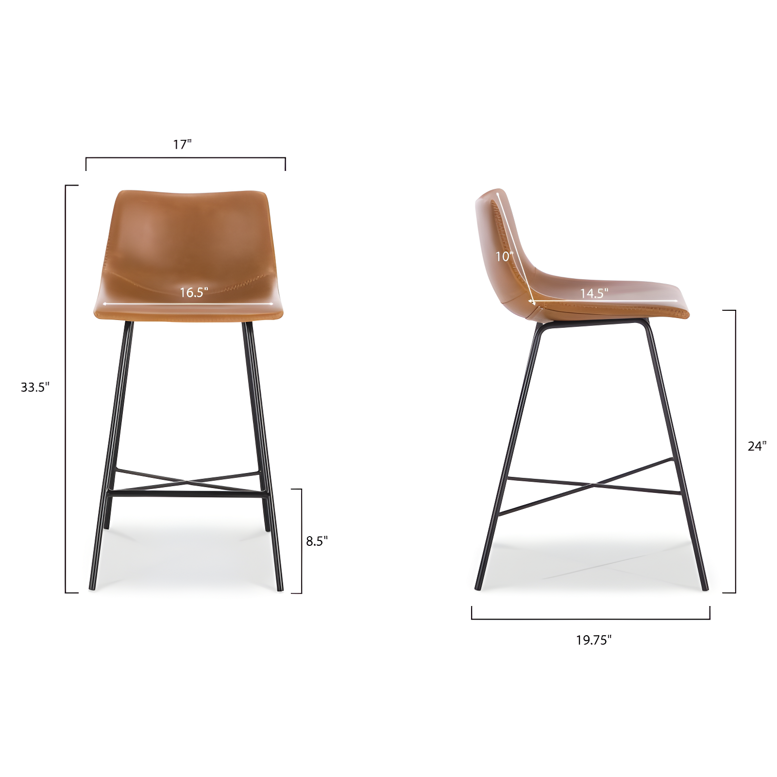 Poly & Bark Set of 2 24" High Paxton Counter Height Barstools Tan: Leatherette, Steel Base