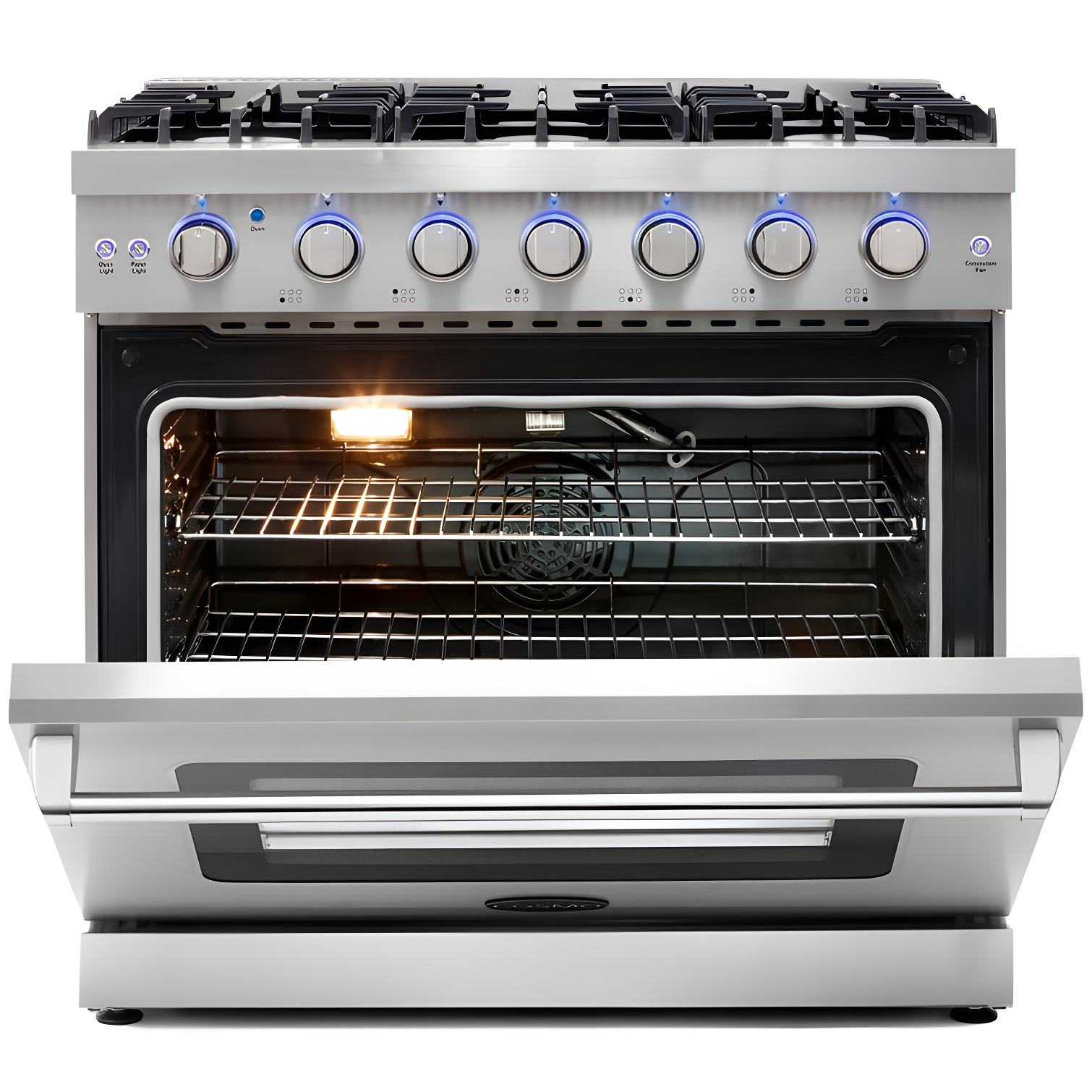 Cosmo 36 in. Haven Collection 6.0 cu. ft. Gas Range, 6 Burners, Convection Oven, Knob LEDs, Storage Drawer, Stainless Steel