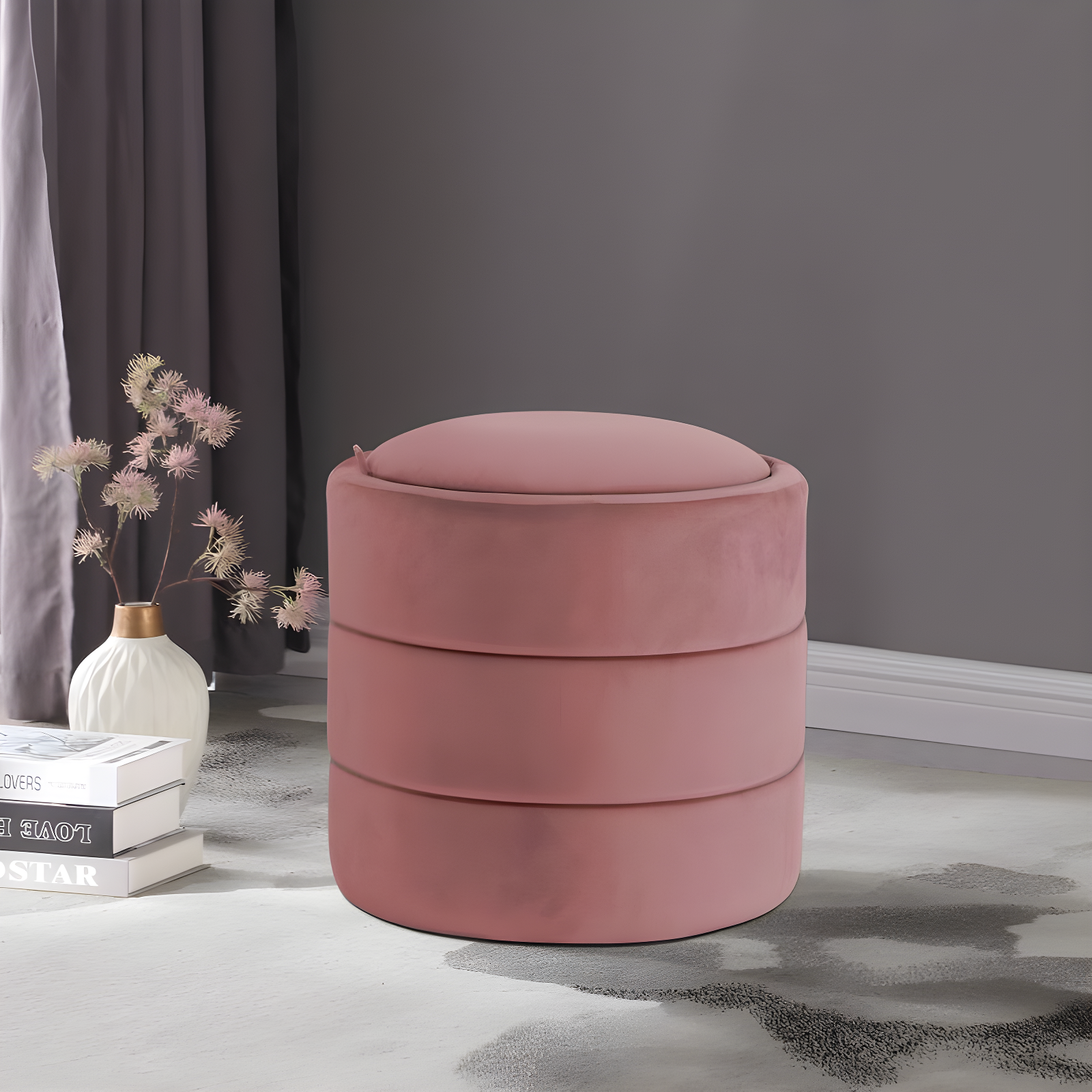 Storage Round Ottoman Blush Velvet - HomePop
