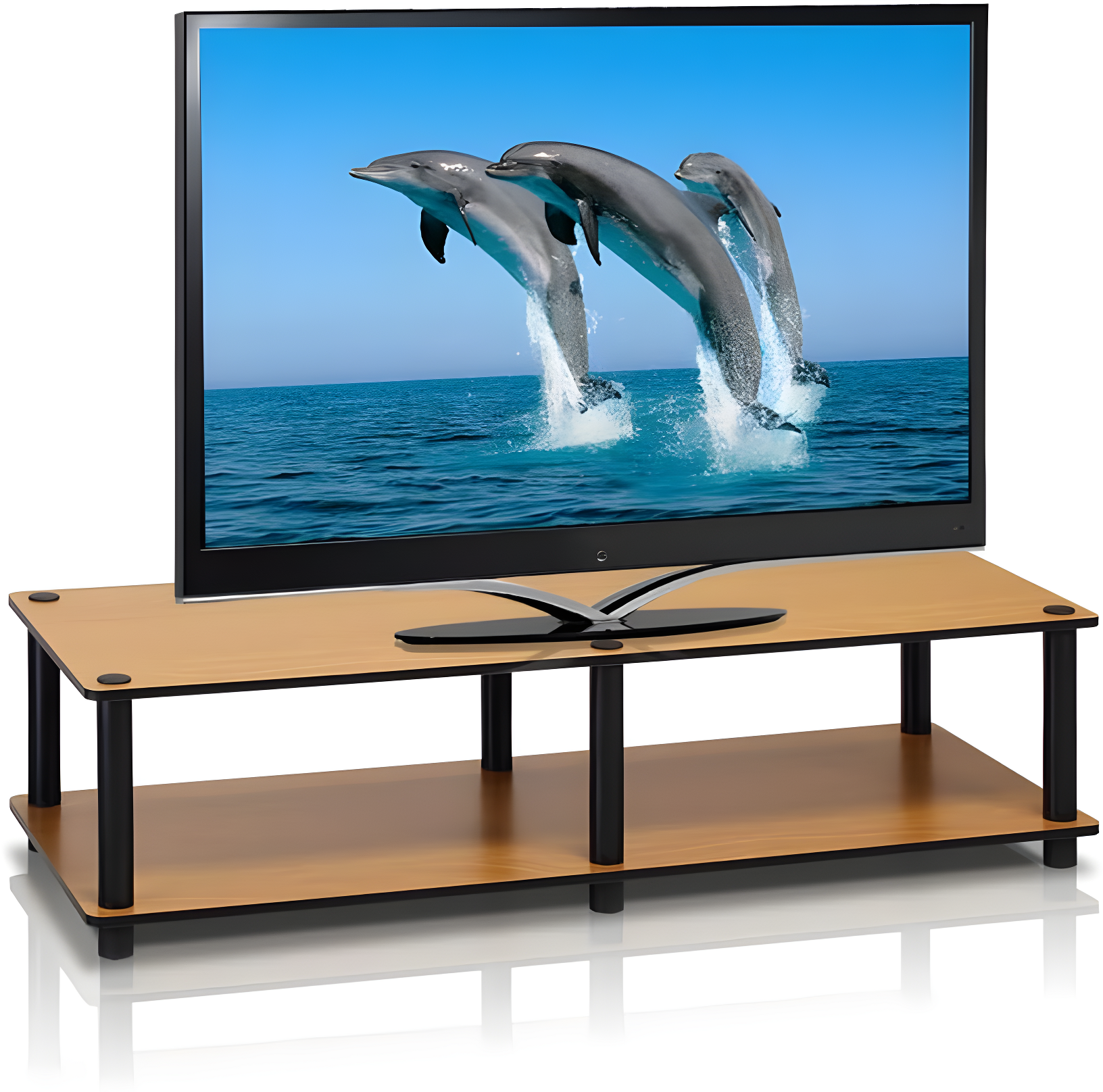Furinno No Tools Wide TV Stand Media Entertainment Center for TVs up to 43" with Large Capacity Light Cherry Color Black Tube