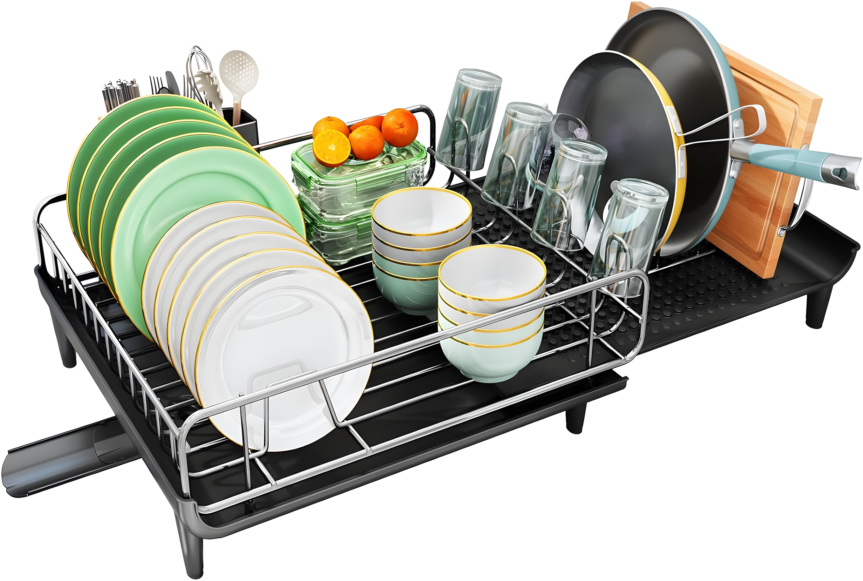 Large Dish Drying Rack for Kitchen Counter with Auto Draining Drain Broad and Removable Cutlery Holder