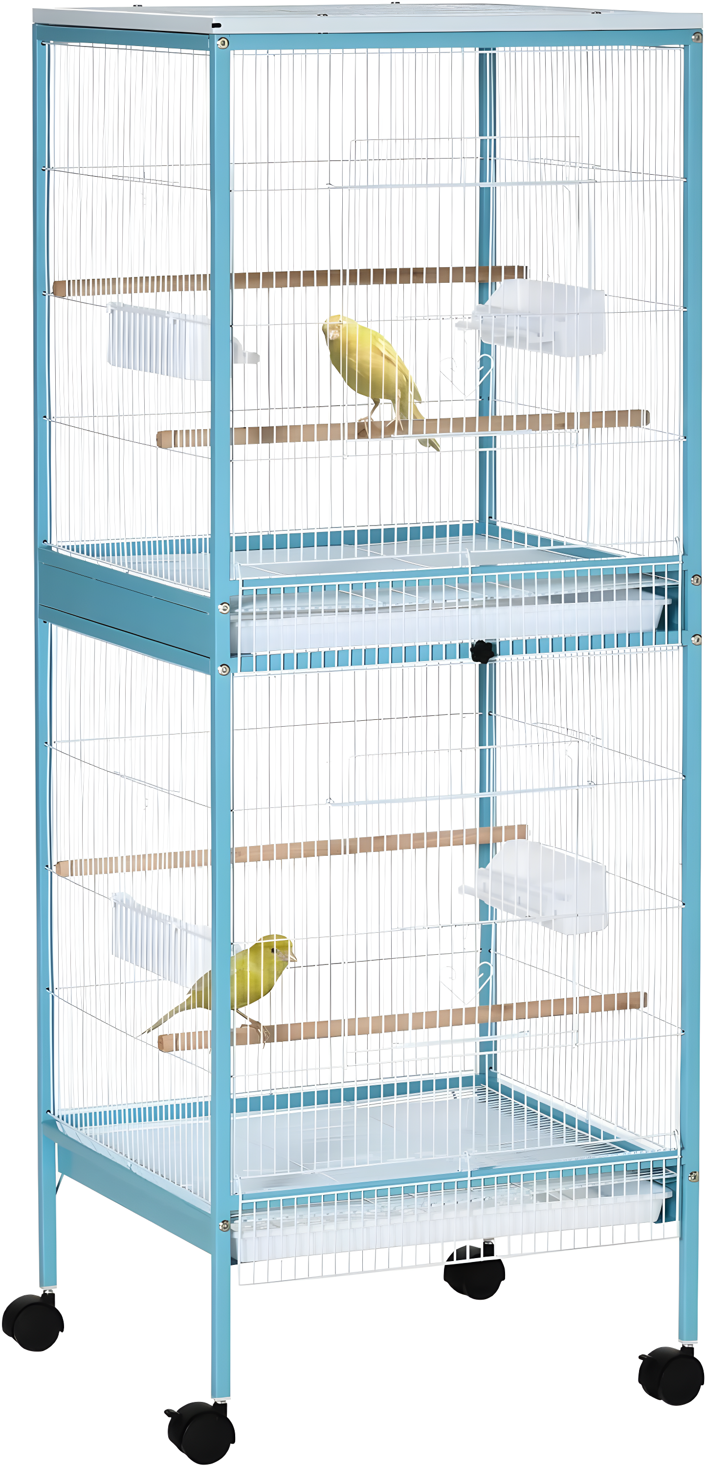 PawHut 55" 2 In 1 Bird Cage Aviary Parakeet House for finches, budgies with Wheels, Slide-out Trays, Wood Perch, Food Containers, Light Blue