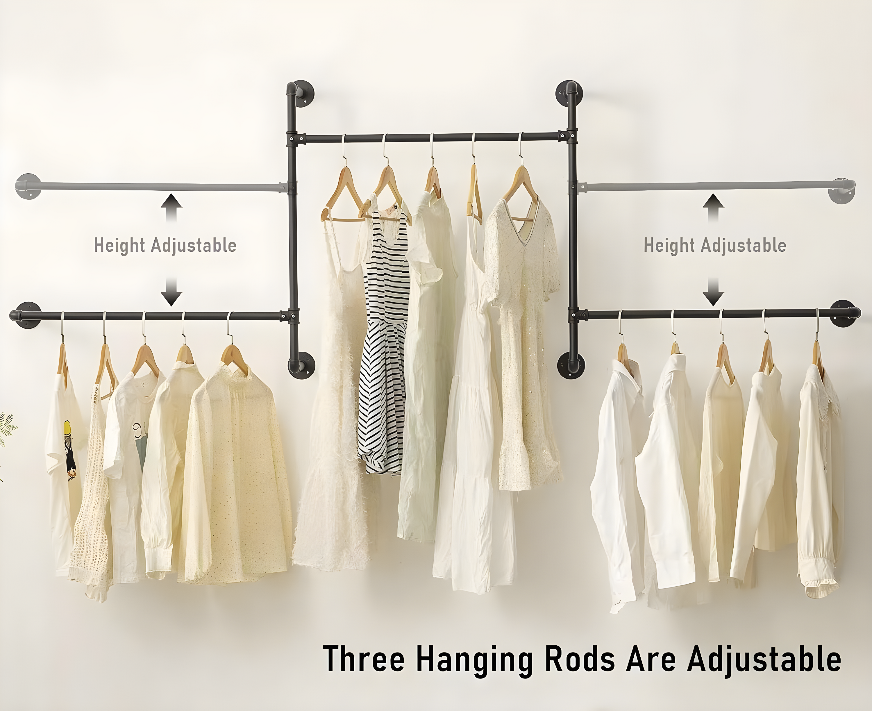 Industrial Pipe Clothes Rack Wall Mounted Clothing Rack,Heavy Duty Iron Pipe Garment Rods,Detachable Multi-Purpose Clothing Hanging Rod/Garment Bar, Black