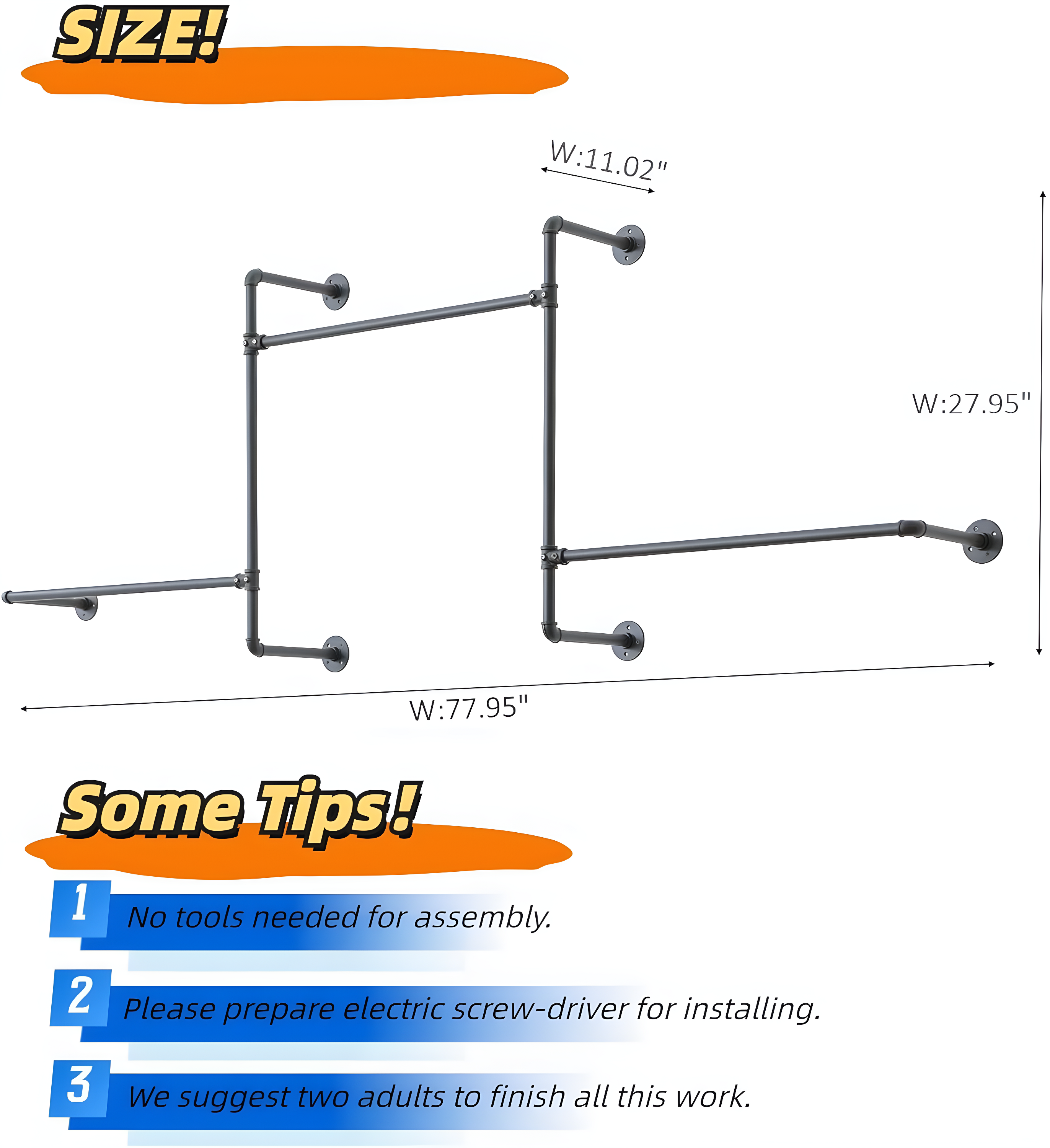 Industrial Pipe Clothes Rack Wall Mounted Clothing Rack,Heavy Duty Iron Pipe Garment Rods,Detachable Multi-Purpose Clothing Hanging Rod/Garment Bar, Black