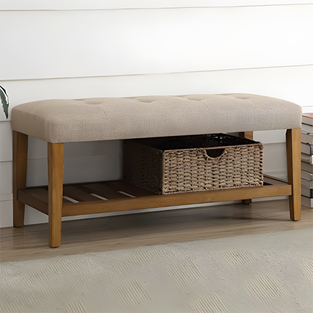 Acme Furniture Charla Ottomans and Benches Beige Fabric/Oak Finish