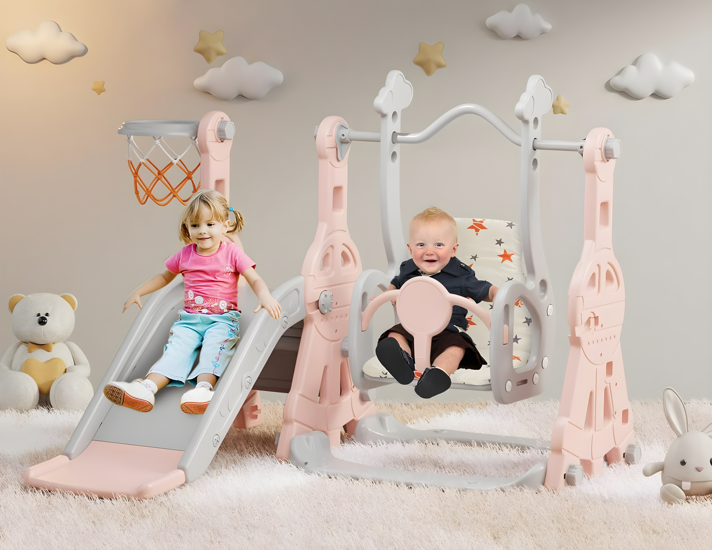 Suteck 4 in 1 Toddler Slide, Kids Slide with Climber and Swing Outdoor Indoor Slide Playset