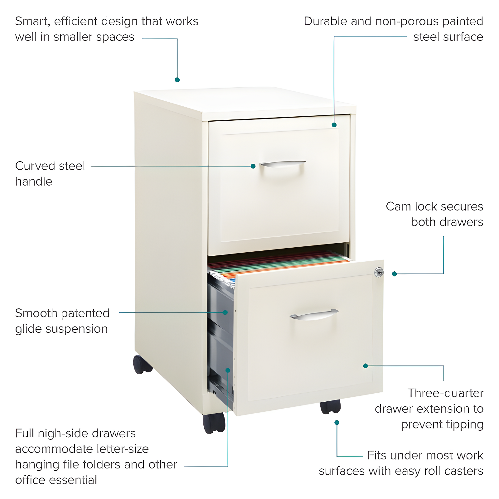 Hirsh Industries Space Solutions File Cabinet on Wheels 2 Drawer - Pearl White: Vertical Steel Storage, Office Supplies