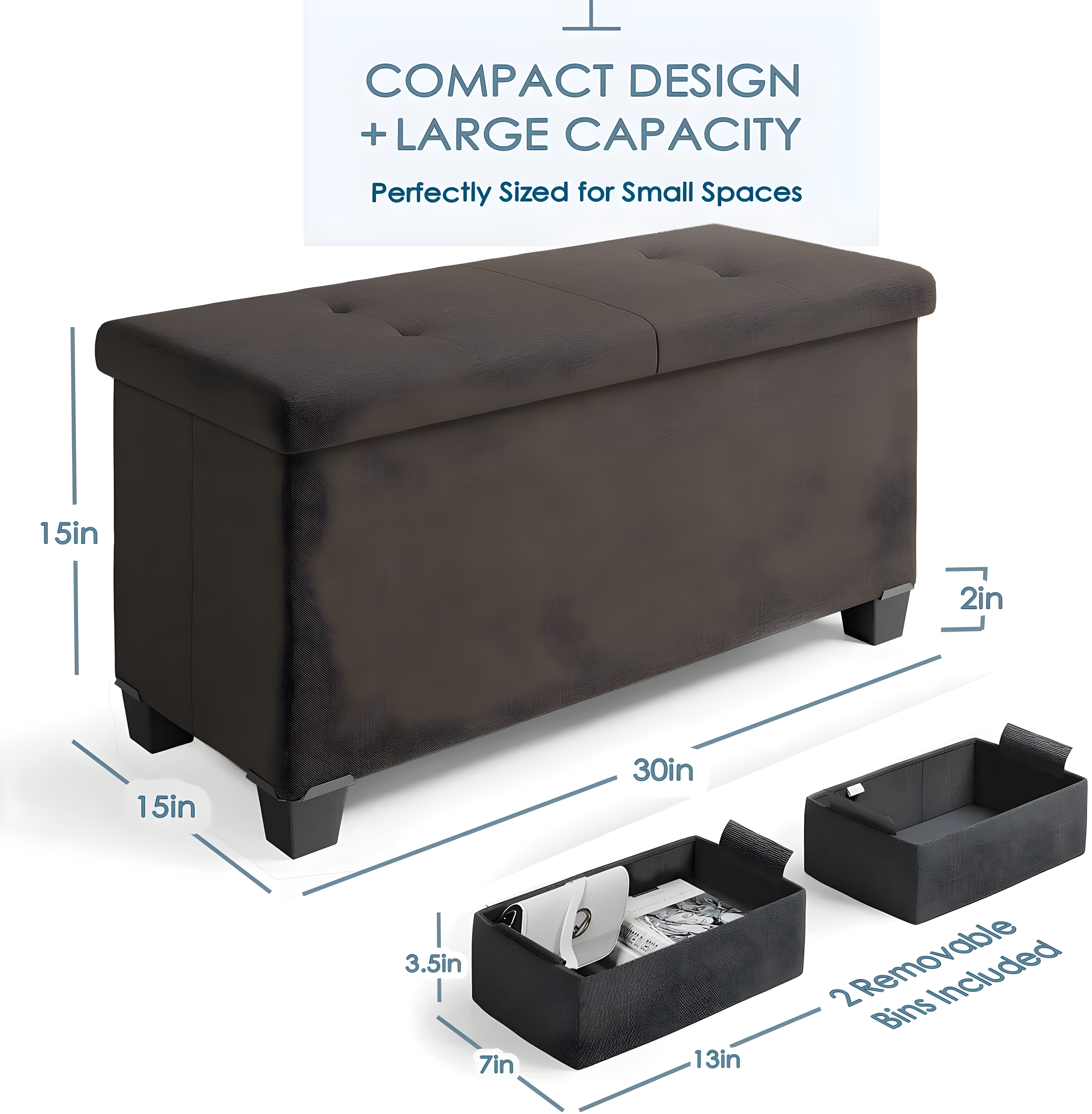 Storagebud Ottoman Storage Bench, Linen 30" Storage Ottoman Bench, Brown
