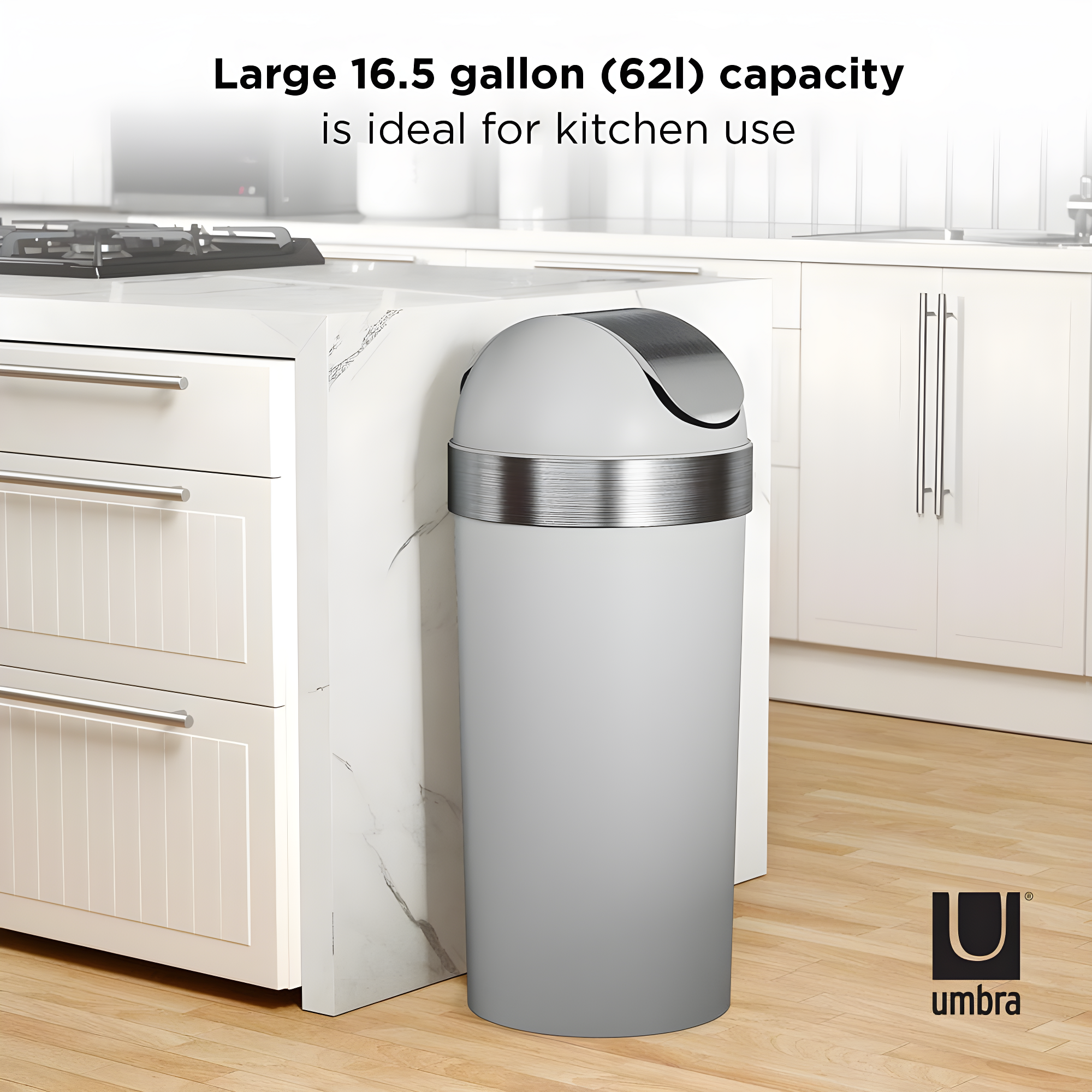 Umbra 16.5gal Venti Can Gray/Nickel: Indoor Swing-Top Trash Can, Polypropylene, 35" Height, 14.6" Width, 5.6 lbs