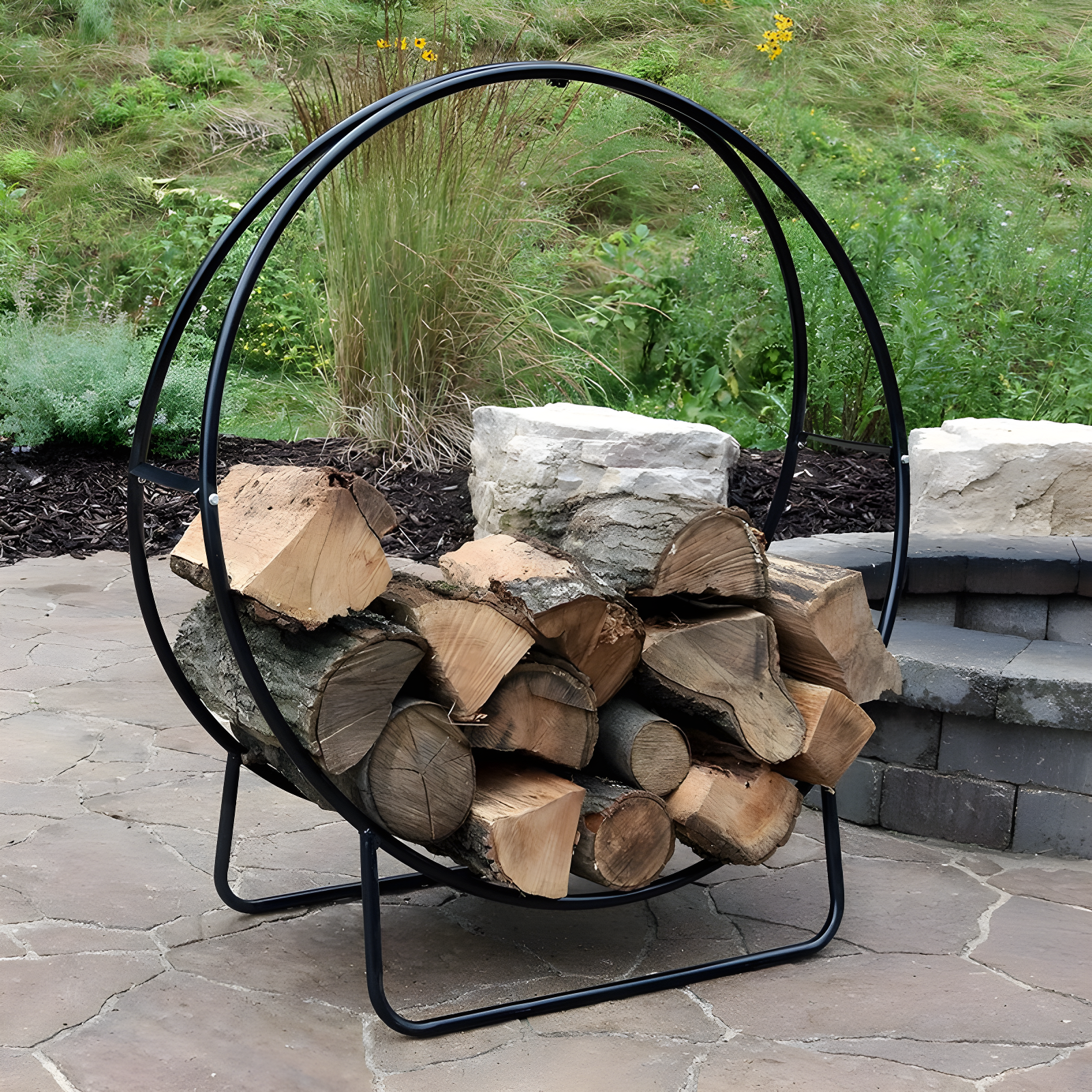 SunnyDaze Decor Indoor or Outdoor Tubular Steel Hoop Firewood Log Holder