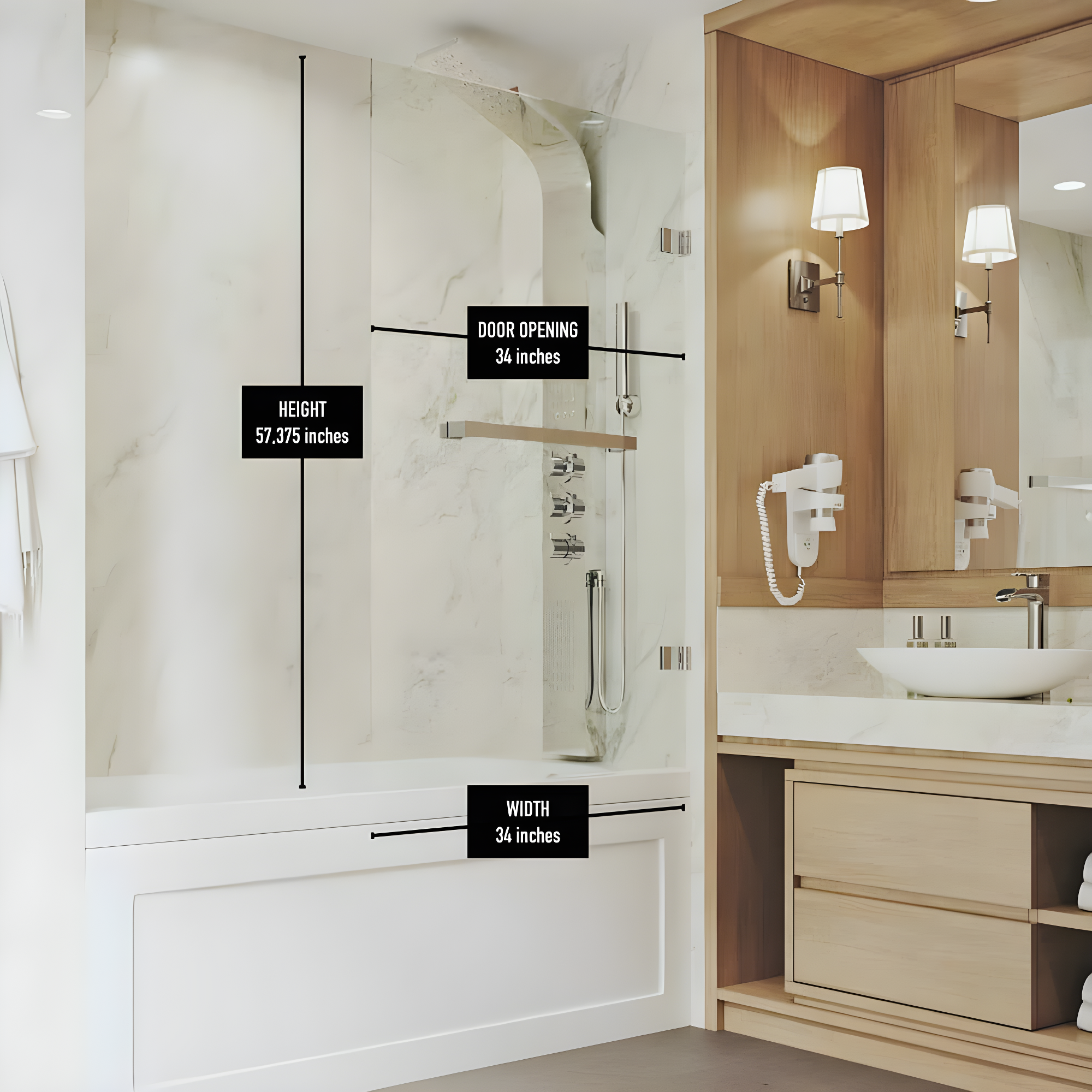 Rialto 34" W x 58" H Hinged Frameless Tub Door with with 5/16" Glass
