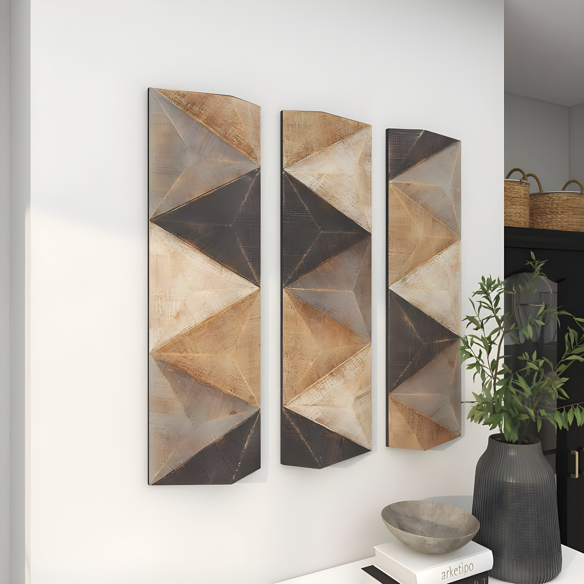 DecMode Decoración de Pared con Patrón de Azulejos Triangulares de Madera Tallada Estilo Granja con Acabado Marrón/gris, 11"Ancho x 36"Alto