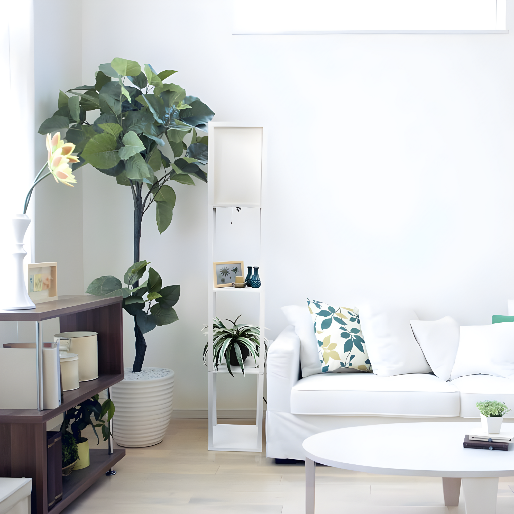Simple Designs 62.5" Floor Lamp Etagere Organizer Storage Shelf with Linen Shade, White