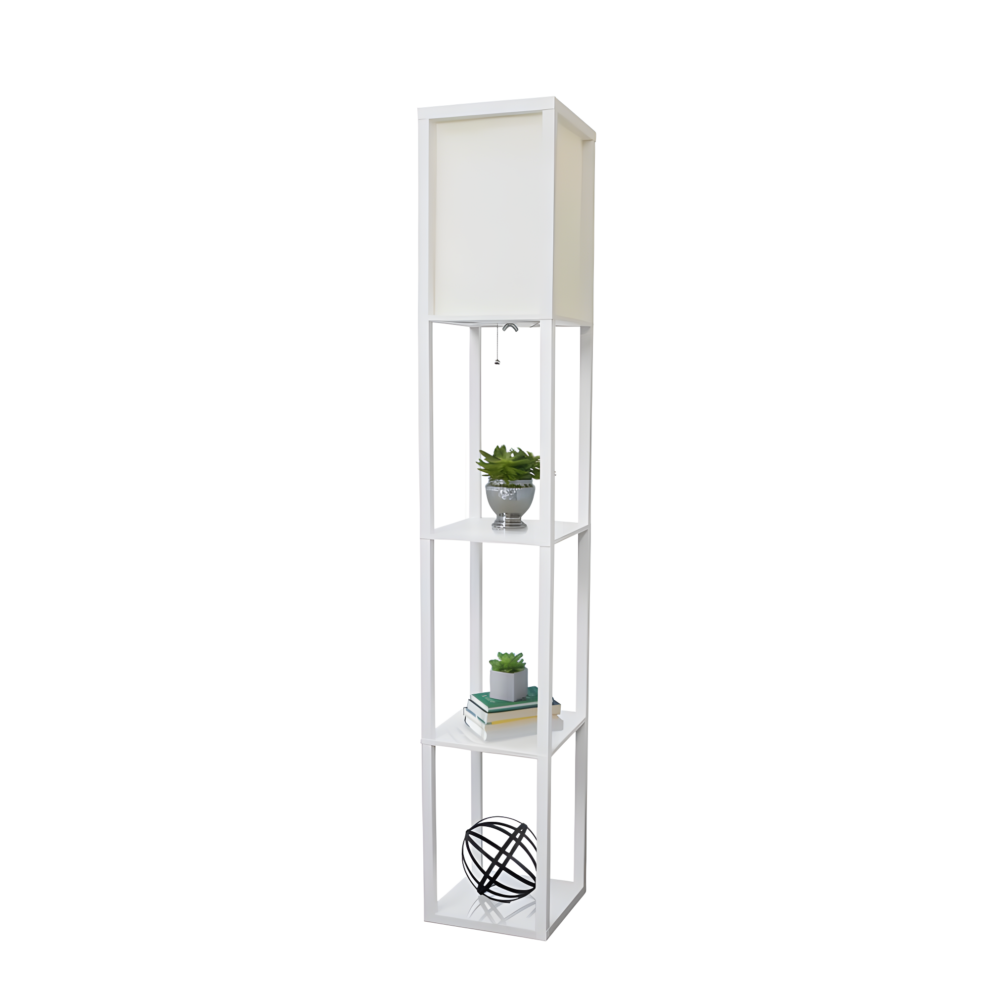Simple Designs 62.5" Floor Lamp Etagere Organizer Storage Shelf with Linen Shade, White