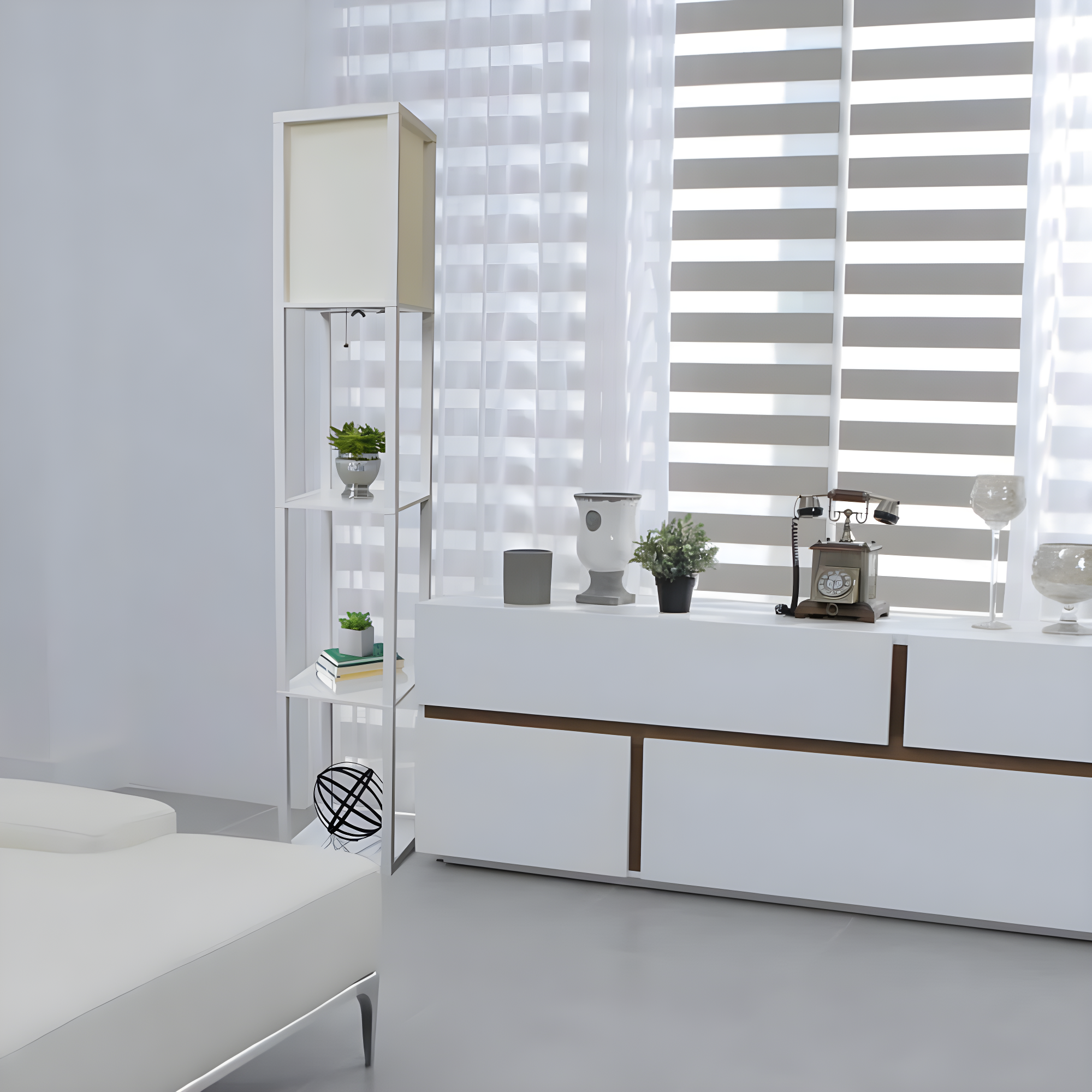 Simple Designs 62.5" Floor Lamp Etagere Organizer Storage Shelf with Linen Shade, White