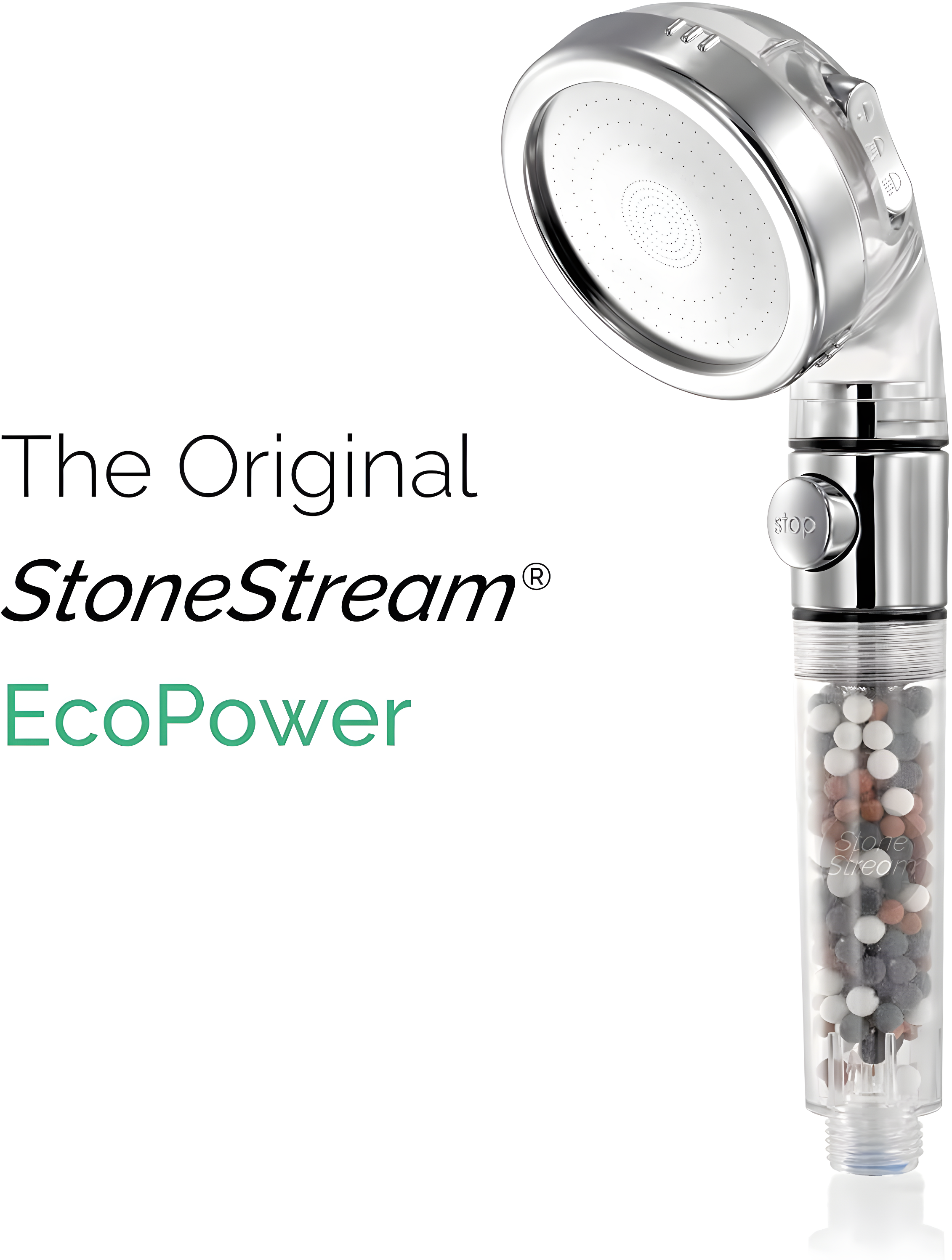 Original StoneStream Filtered Shower Head, Eco Power High Pressure Water Softener Showerhead with ON/OFF switch and Spa like Ionic beads for Dry Skin & Hair — 3 Spray Settings