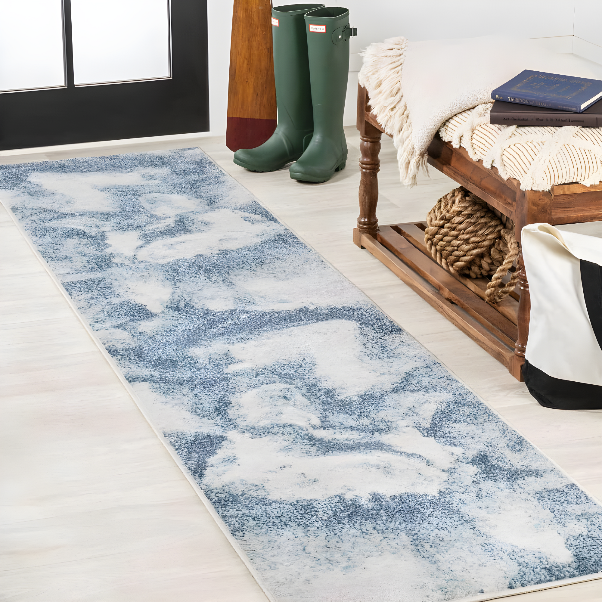 2' x 8' Petalo Abstract Two-Tone Modern Runner Rug, Blue/Cream - JONATHAN Y