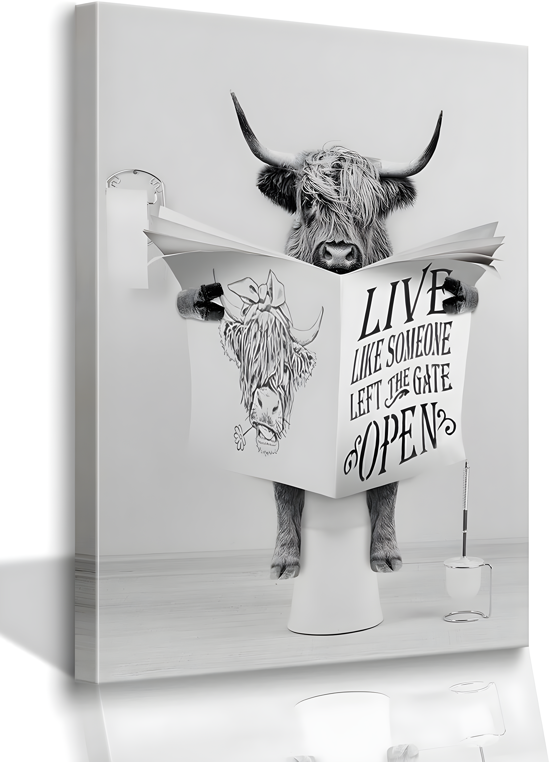 Modern Black Framed Highland Cow Wall Art Minimalist Bathroom Wall Decor Cute Funny Animals Artwork Canvas Prints Ready to Hang for Guest Bathroom, Hotel, Condo, Kids Bathroom, 12”x16”