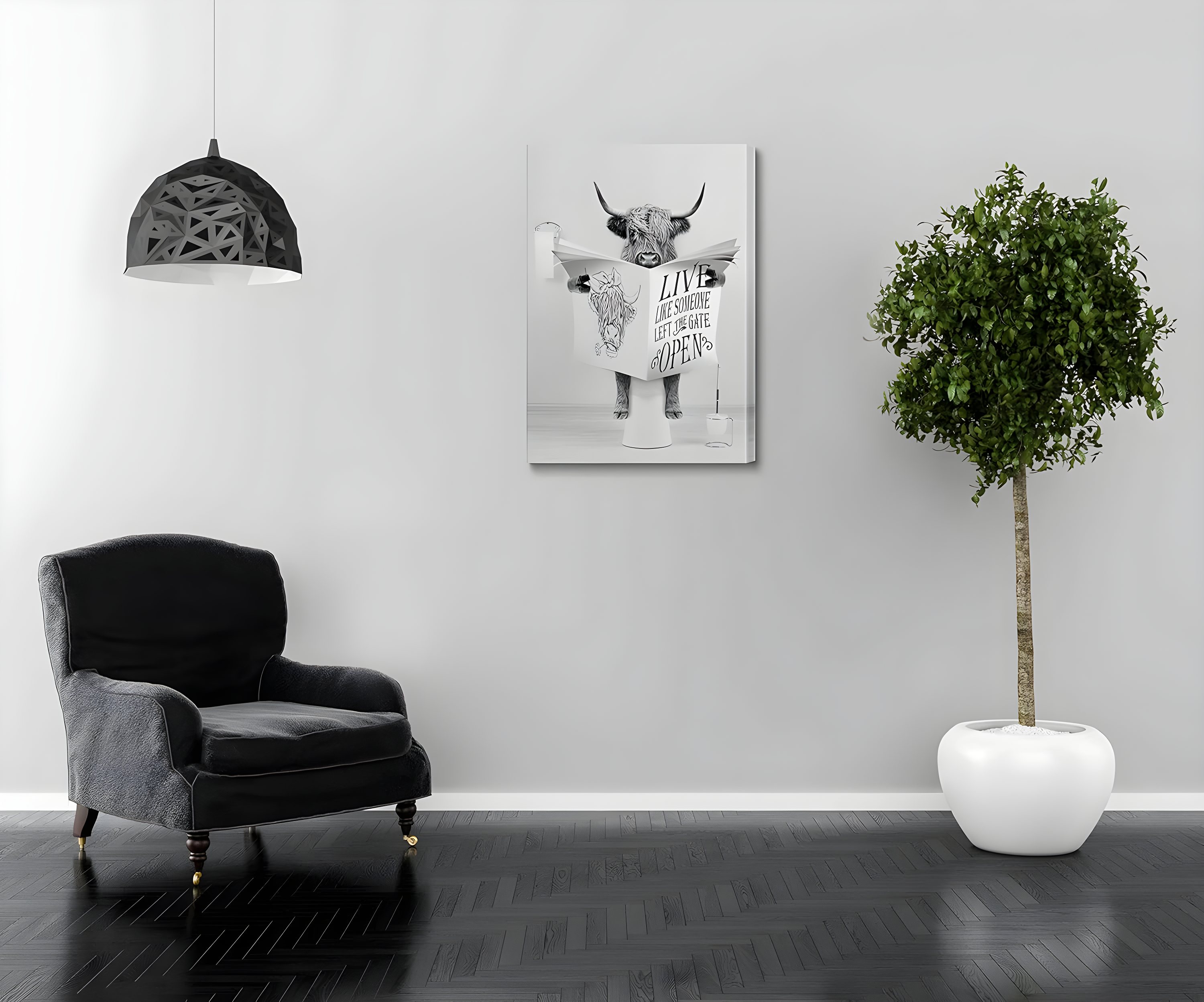 Modern Black Framed Highland Cow Wall Art Minimalist Bathroom Wall Decor Cute Funny Animals Artwork Canvas Prints Ready to Hang for Guest Bathroom, Hotel, Condo, Kids Bathroom, 12”x16”