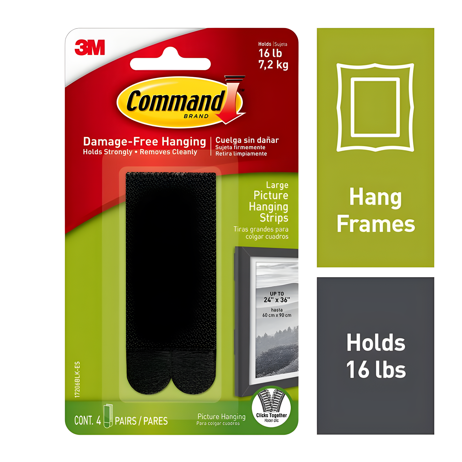 Command Large Picture Hanging Strips Black: Heavy Duty Adhesive, 3.649" Length, 0.751" Width, Plastic