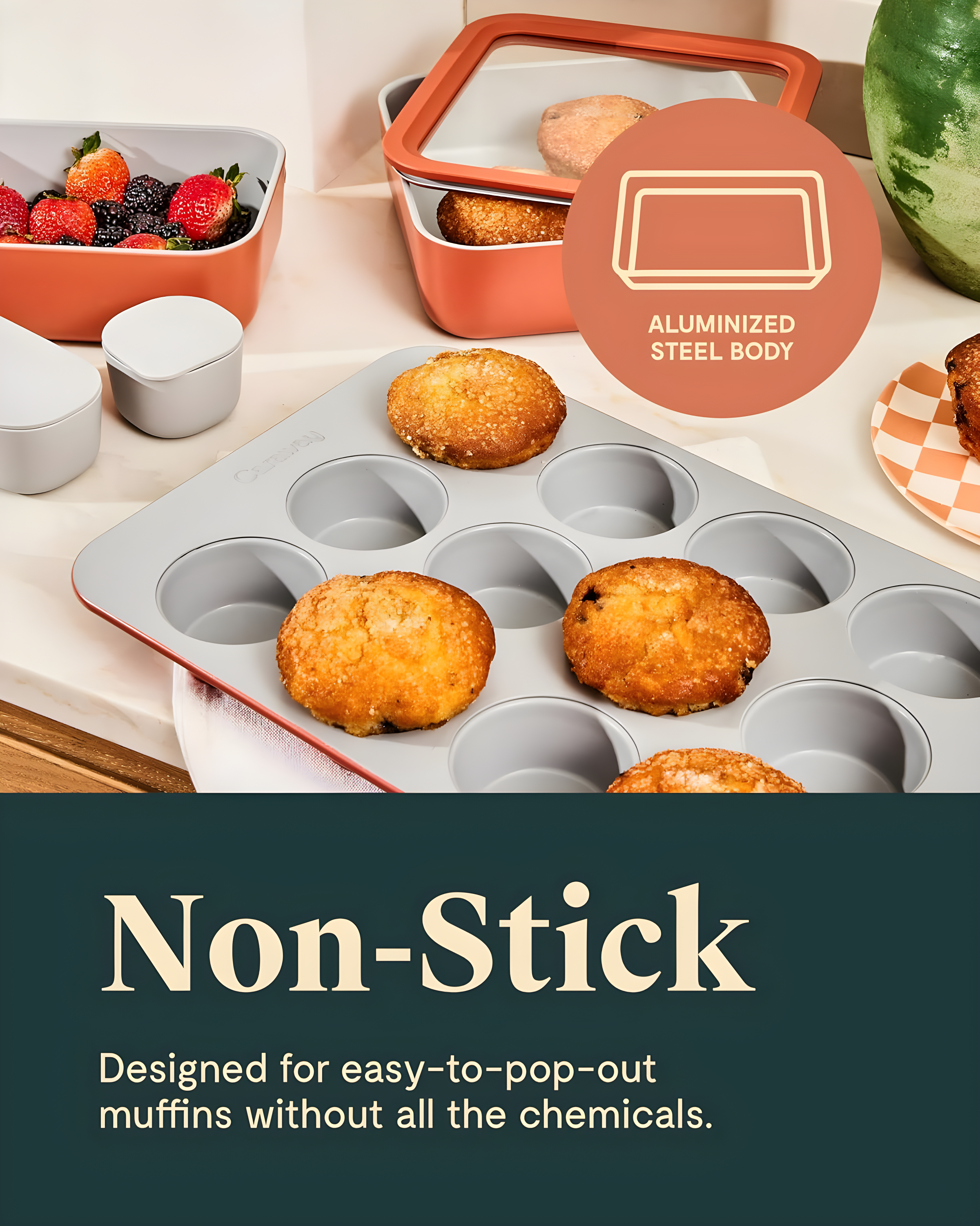 Caraway Home 10.04" Nonstick Ceramic Muffin Pan Slate: Aluminized Steel Cupcake Tin, Hand Wash, 1-Year Warranty