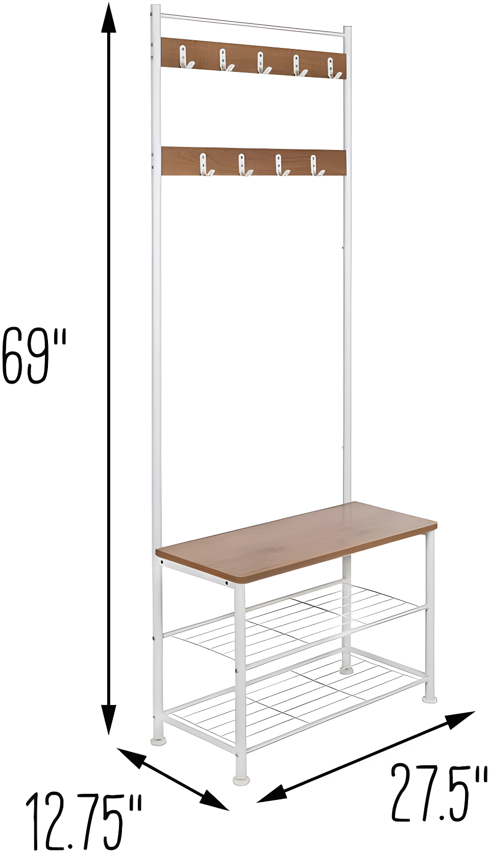 Honey-Can-Do Steel and MDF Freestanding Entryway Hall Tree with 9 Hooks and Shoe Storage Bench, White/Natural