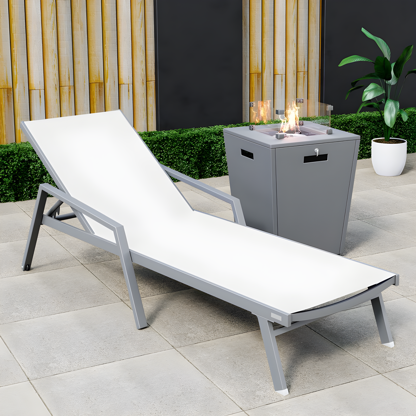 LeisureMod Outdoor Powder Coated Aluminum Chaise Lounge Set with Table (Set of 2)