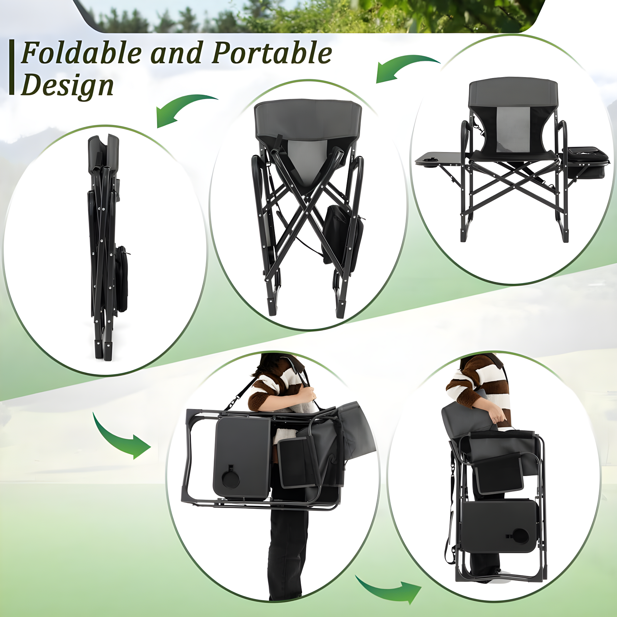 Topcobe Folding Camping Directors Chair with Cooler Bag and Side Table, Portable Chairs for Adults, Comfy Outdoor Chair, Black