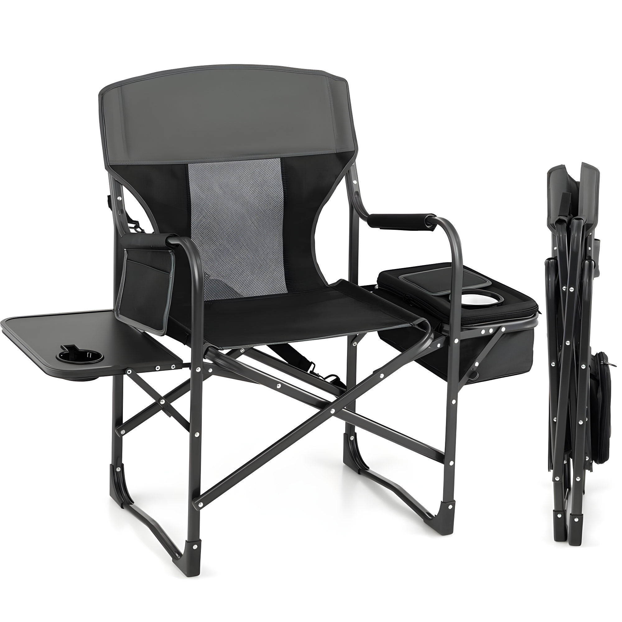 Topcobe Folding Camping Directors Chair with Cooler Bag and Side Table, Portable Chairs for Adults, Comfy Outdoor Chair, Black