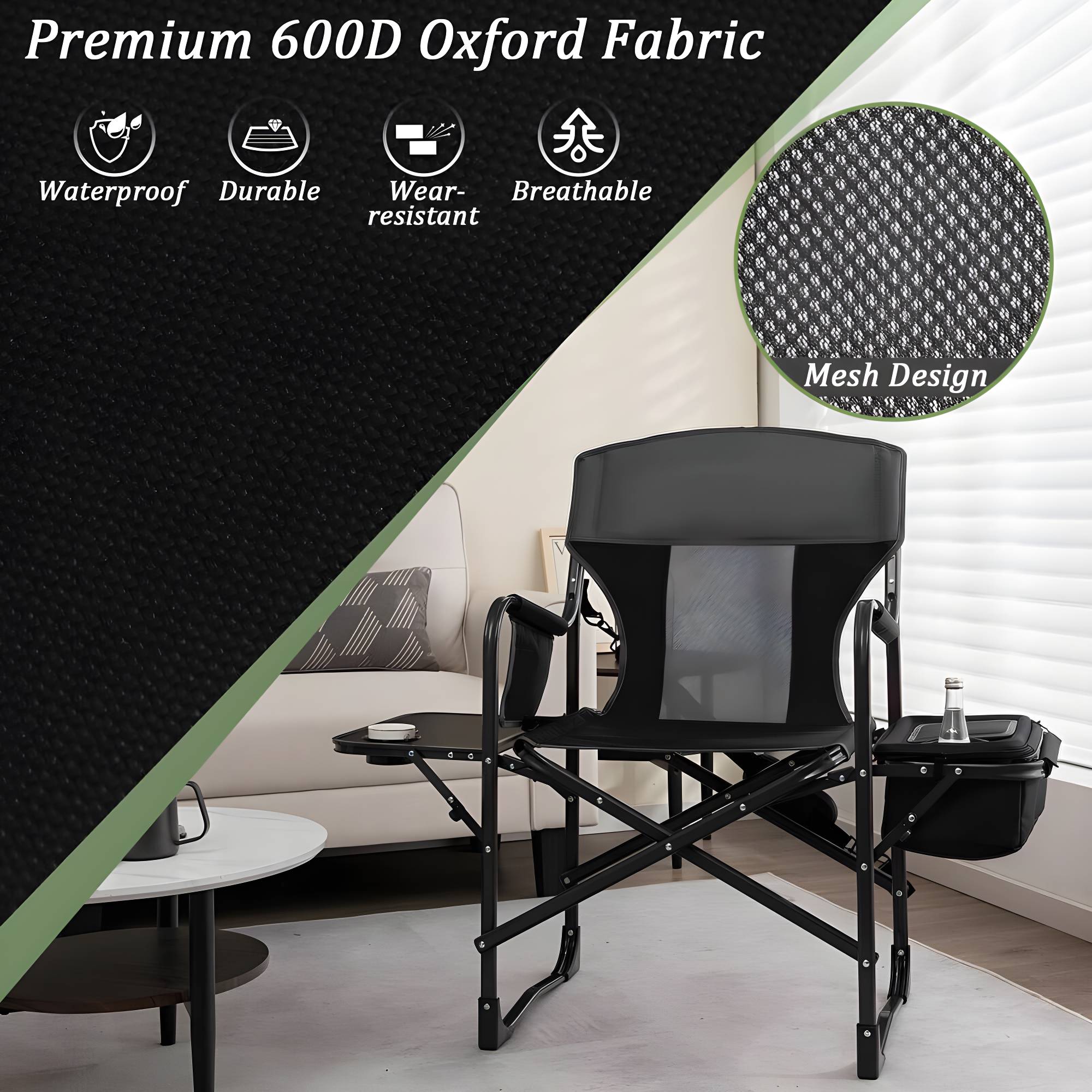 Topcobe Folding Camping Directors Chair with Cooler Bag and Side Table, Portable Chairs for Adults, Comfy Outdoor Chair, Black
