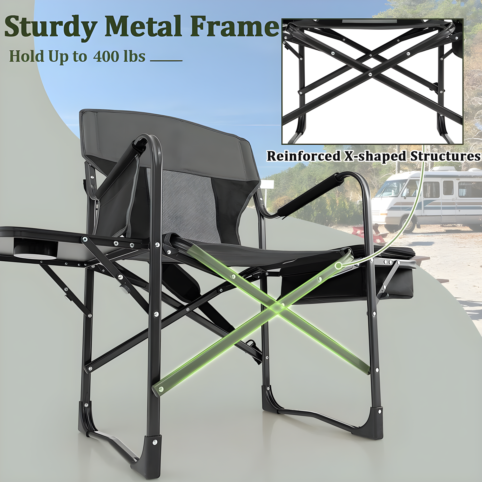 Topcobe Folding Camping Directors Chair with Cooler Bag and Side Table, Portable Chairs for Adults, Comfy Outdoor Chair, Black
