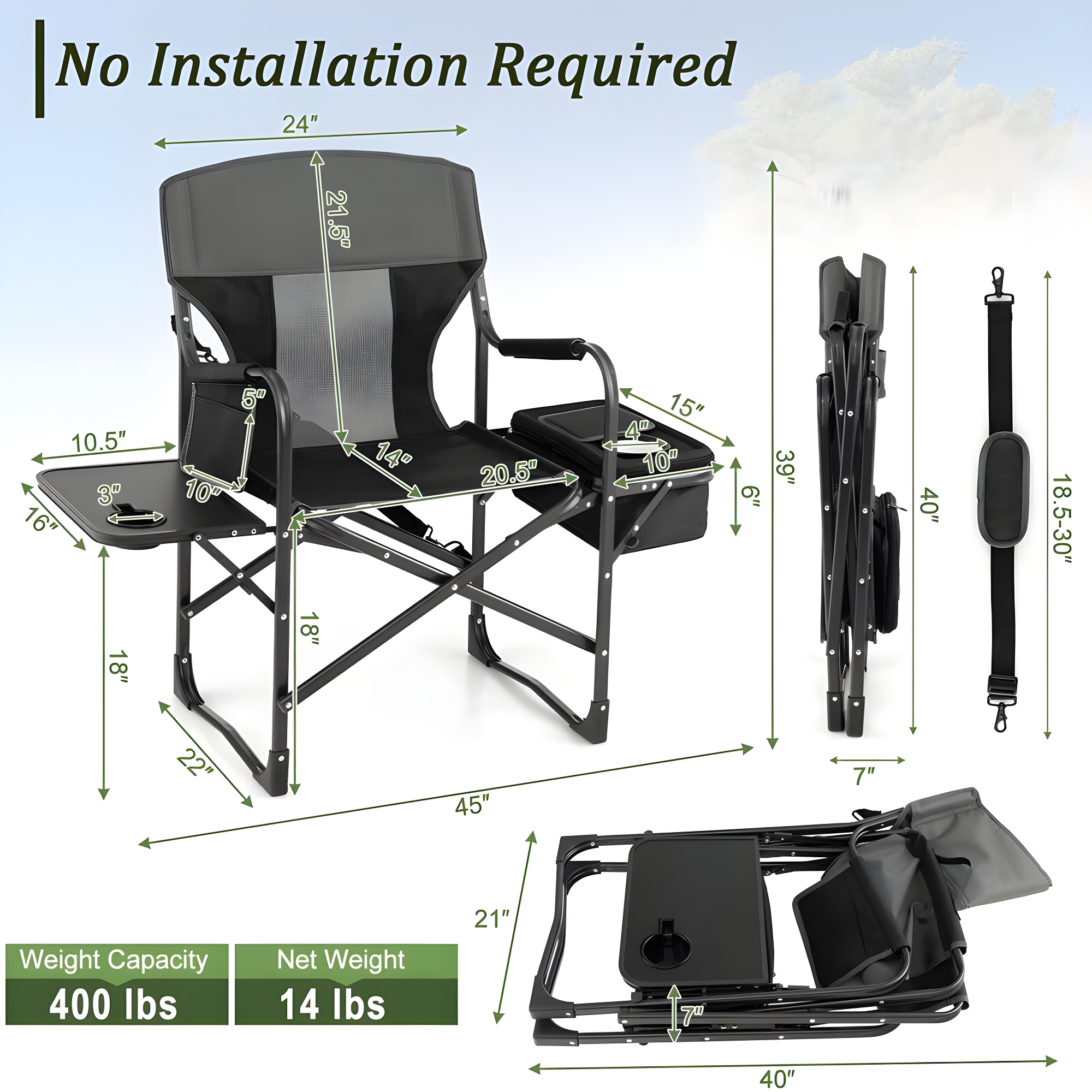 Topcobe Folding Camping Directors Chair with Cooler Bag and Side Table, Portable Chairs for Adults, Comfy Outdoor Chair, Black