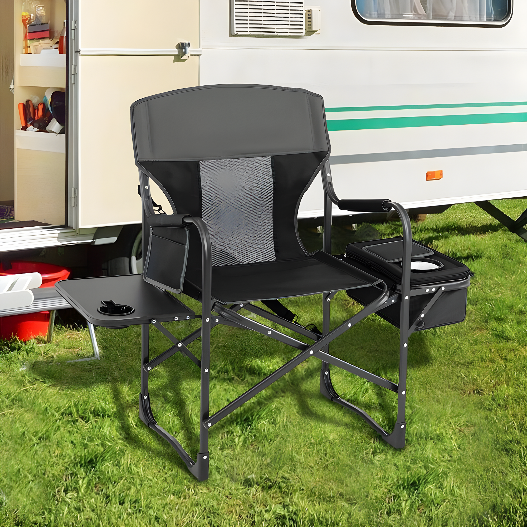 Topcobe Folding Camping Directors Chair with Cooler Bag and Side Table, Portable Chairs for Adults, Comfy Outdoor Chair, Black